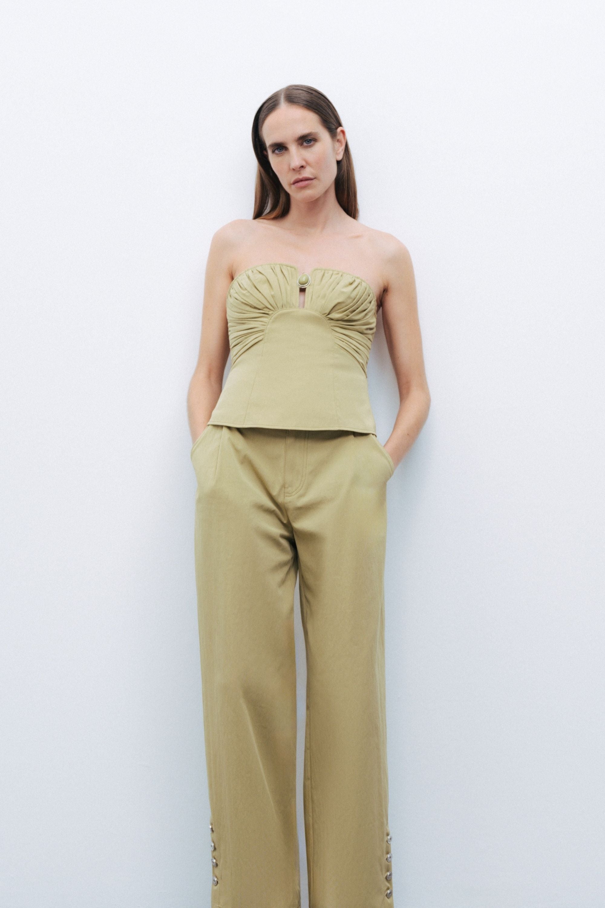 Almond-Accented Strapless Crop Top