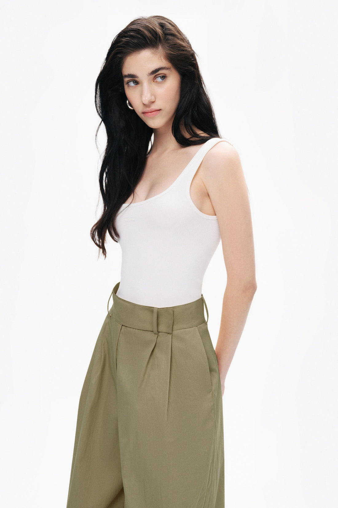 Khaki High Waist Double Pleated Trousers