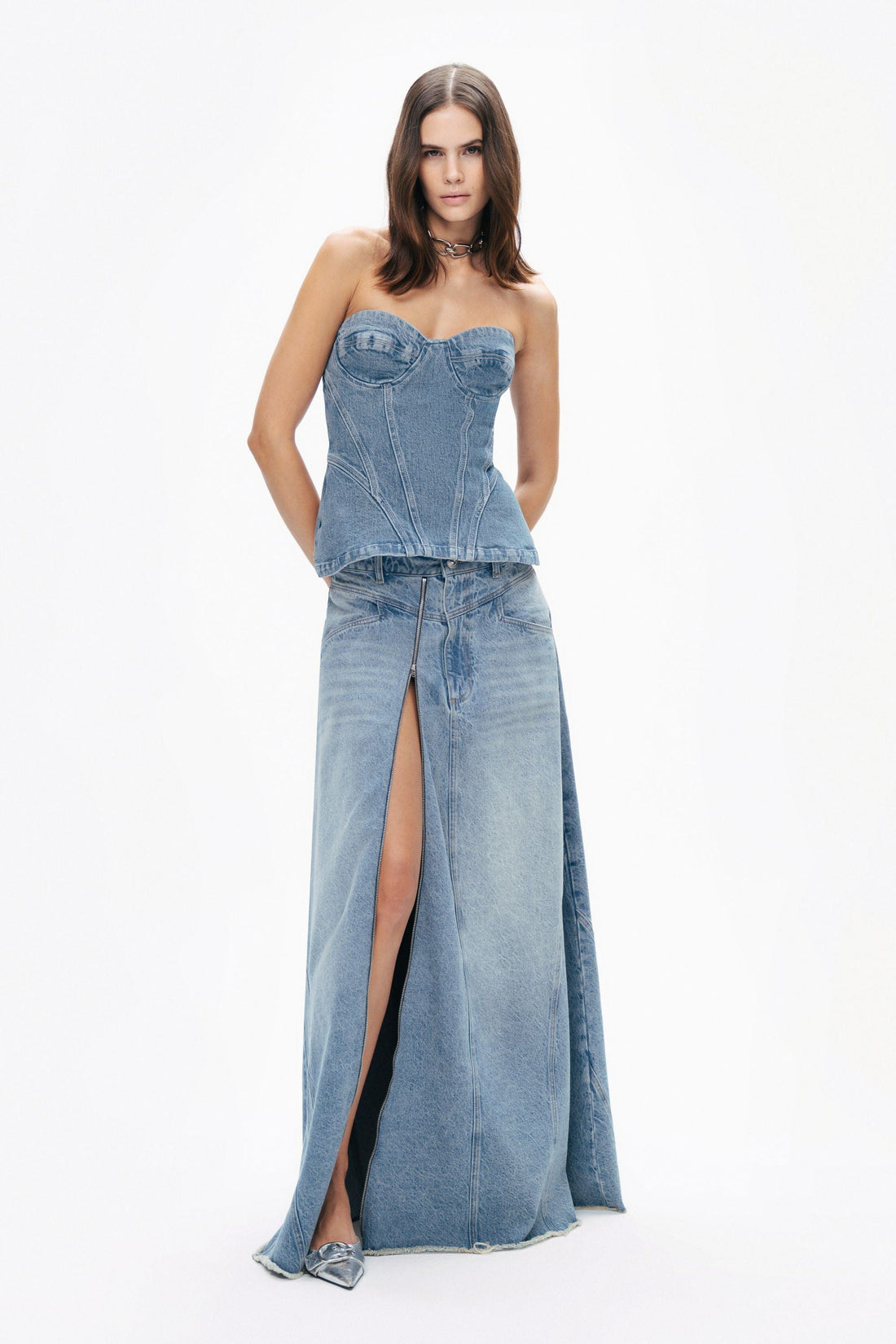Slit Detailed High Waist Maxi Denim Skirt