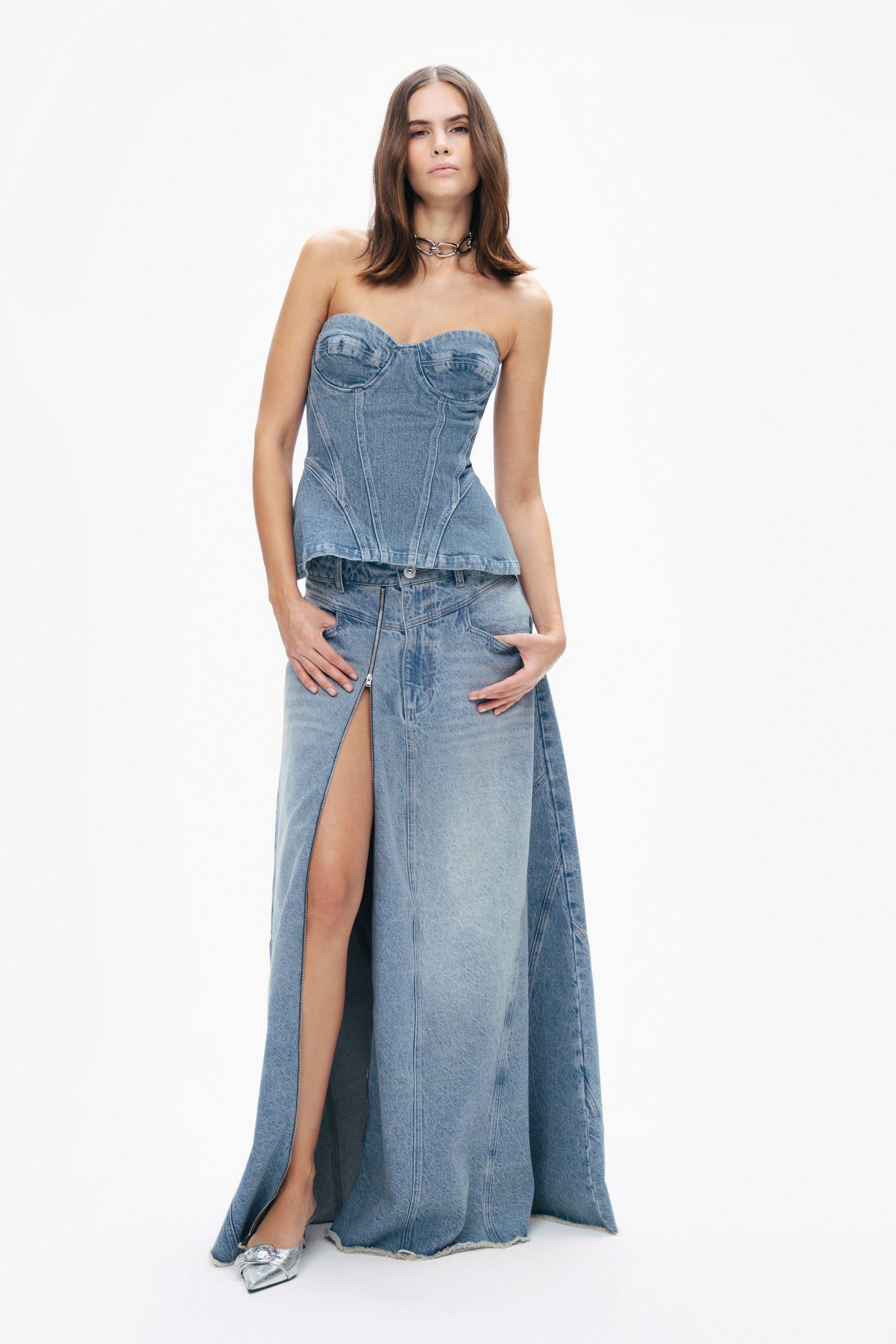 Slit Detailed High Waist Maxi Denim Skirt