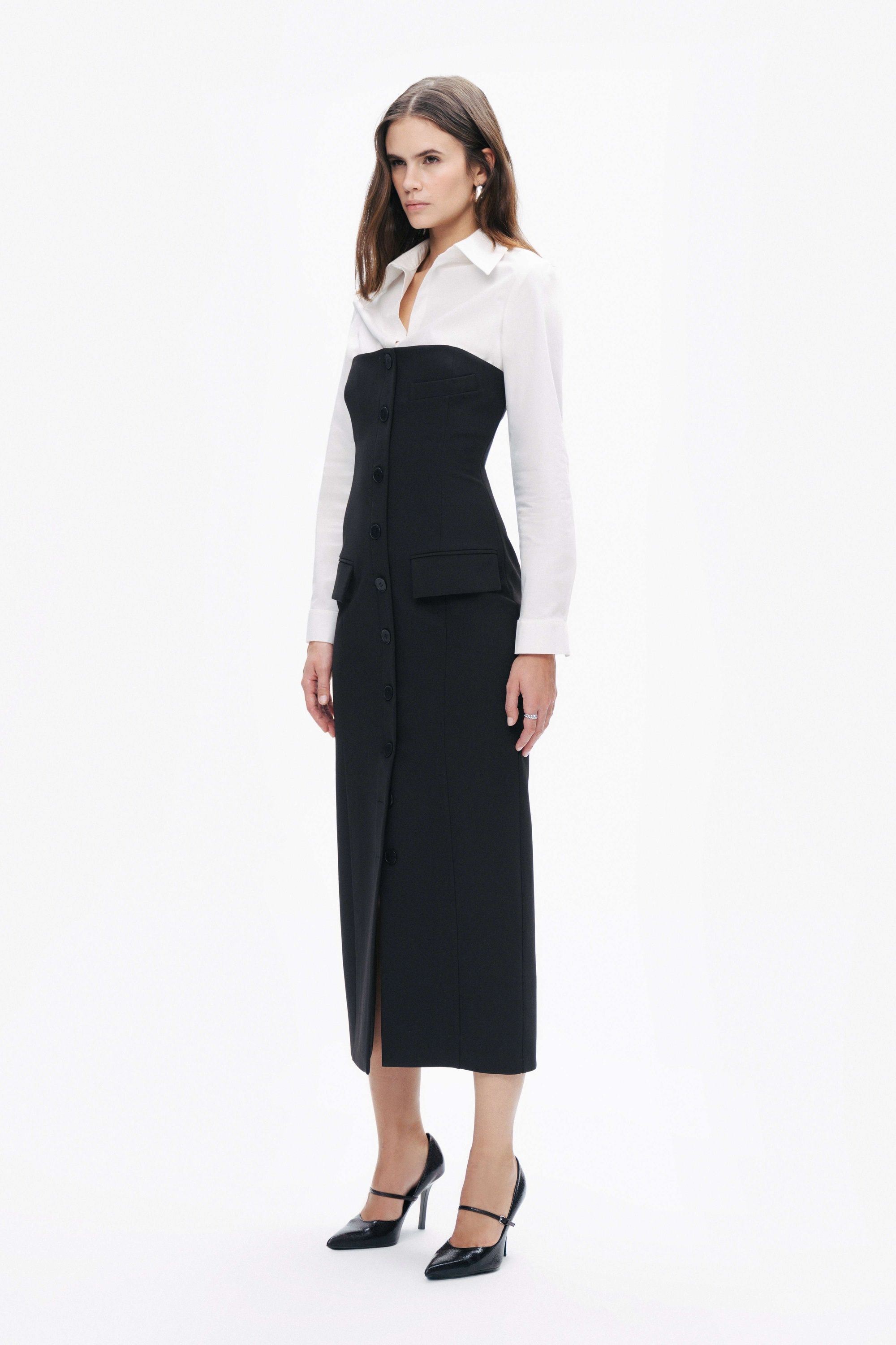 Black and White Shirt Detail Midi Dress
