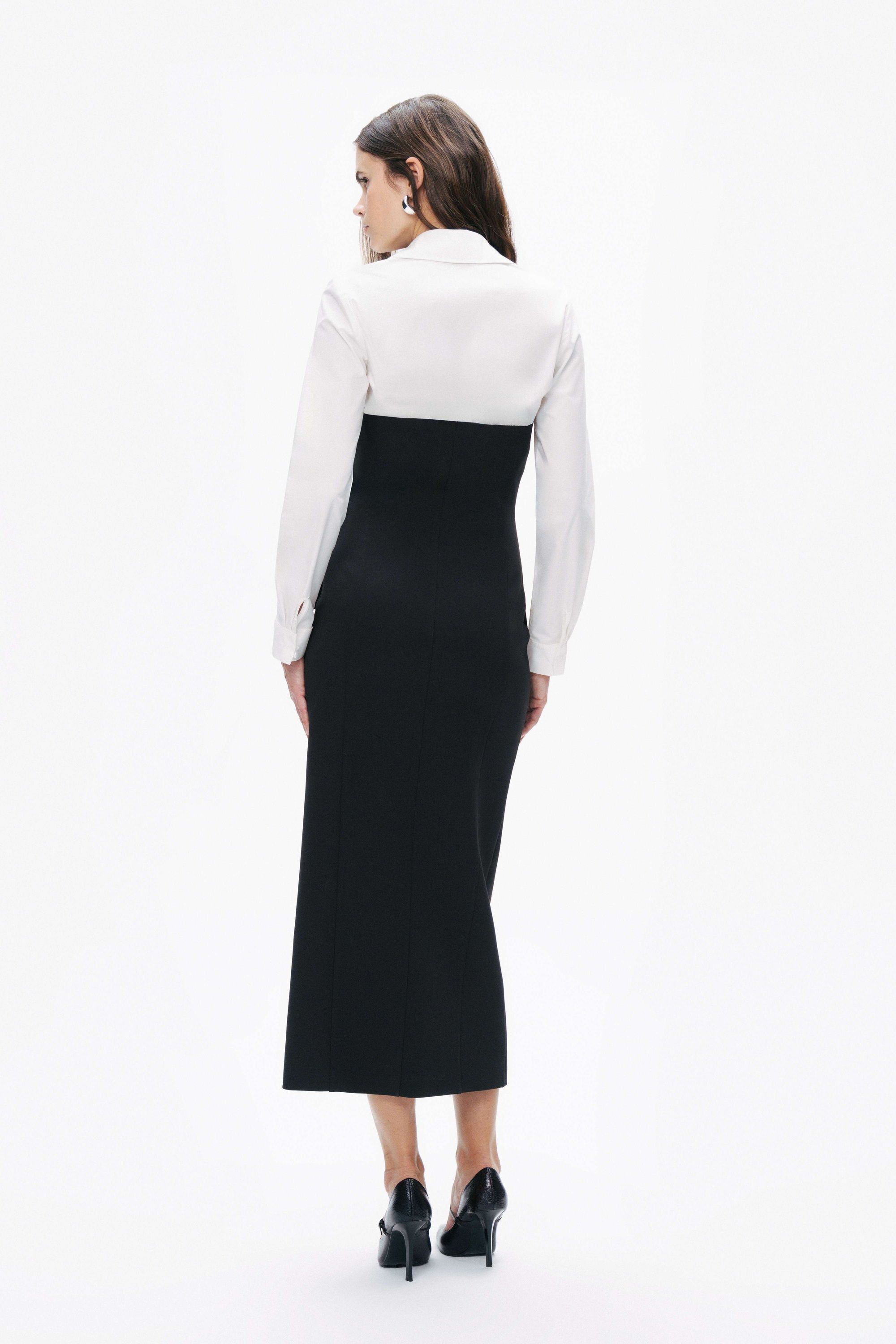 Black and White Shirt Detail Midi Dress