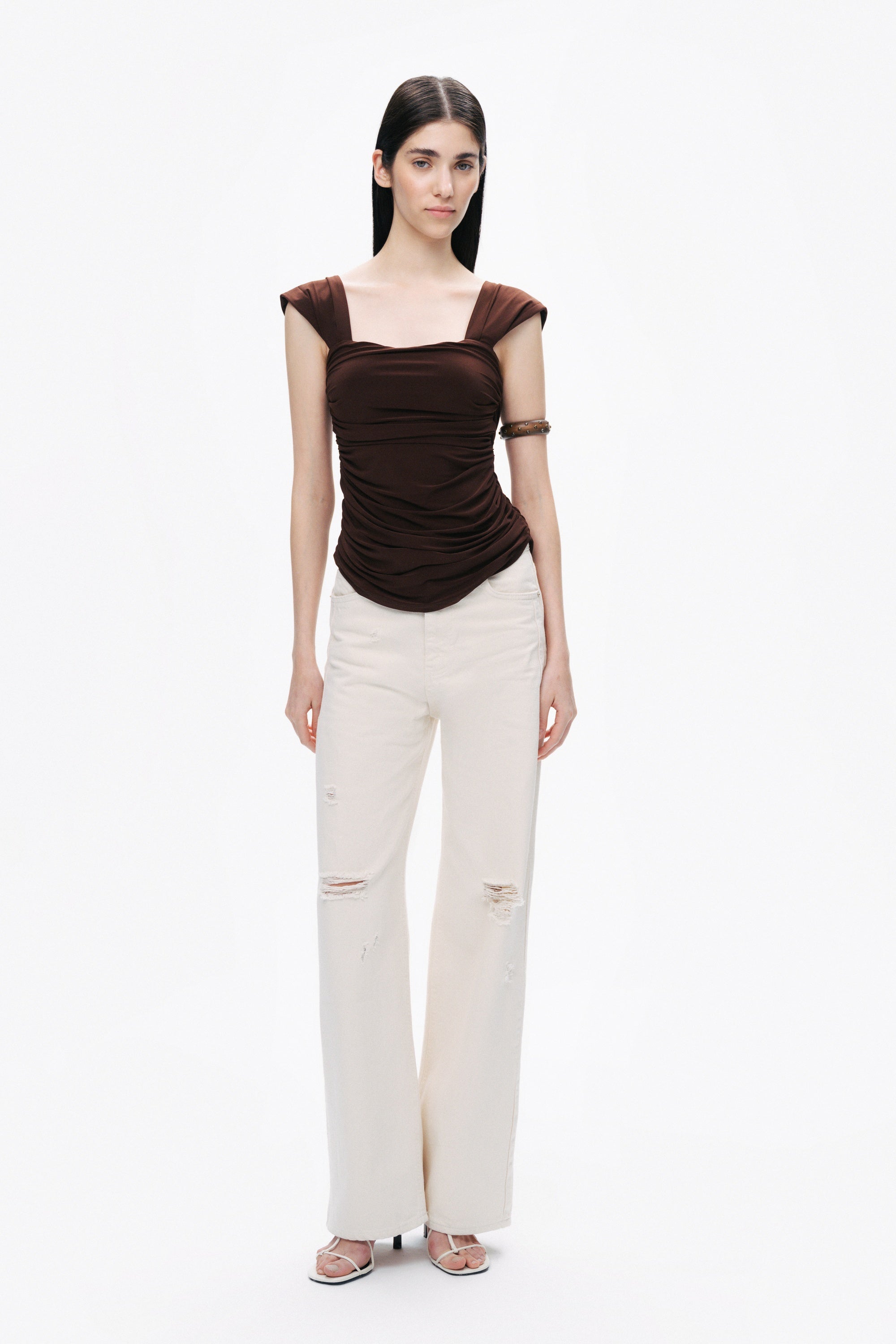 Coffee Thick Strap Draped Detail Blouse