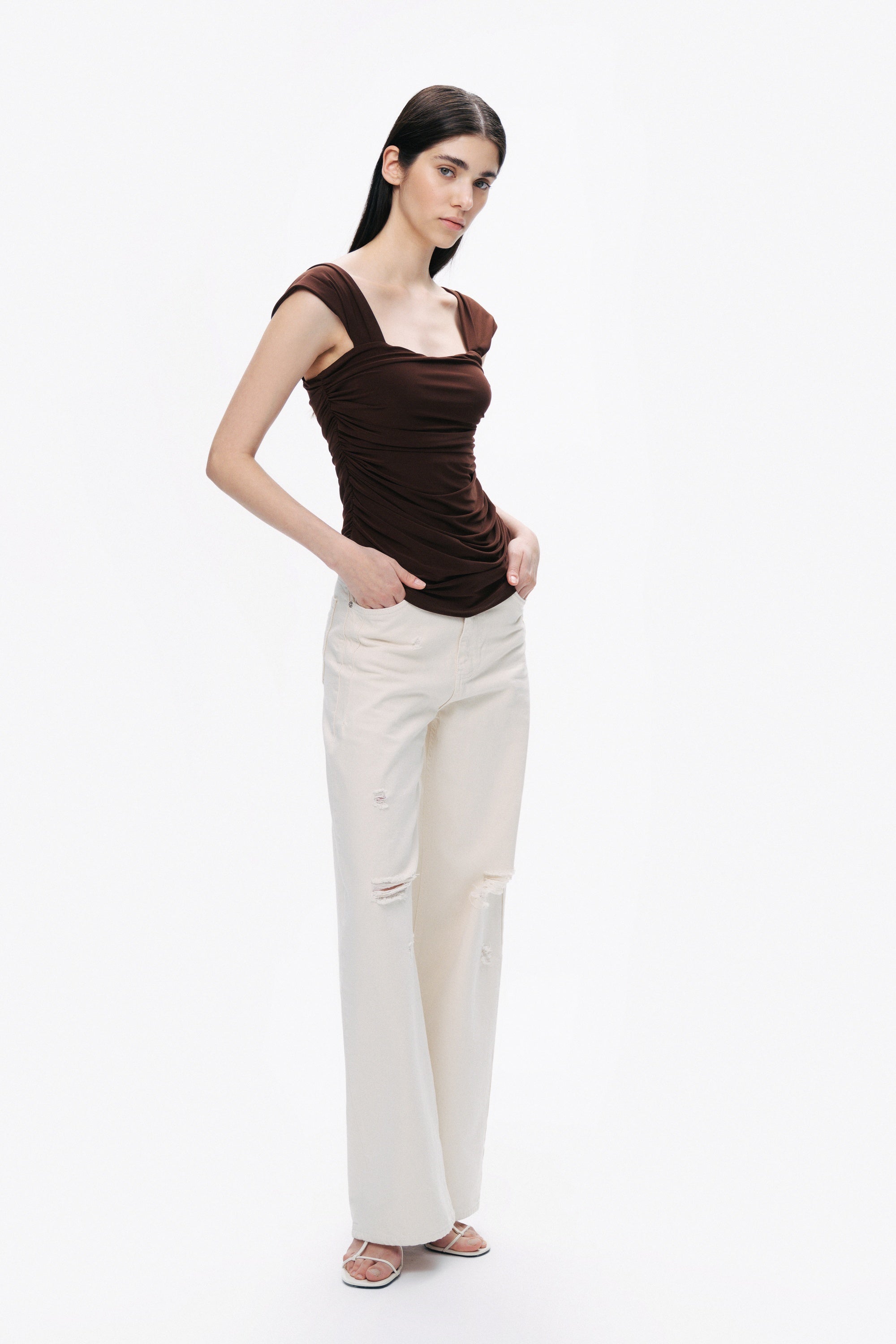 Coffee Thick Strap Draped Detail Blouse