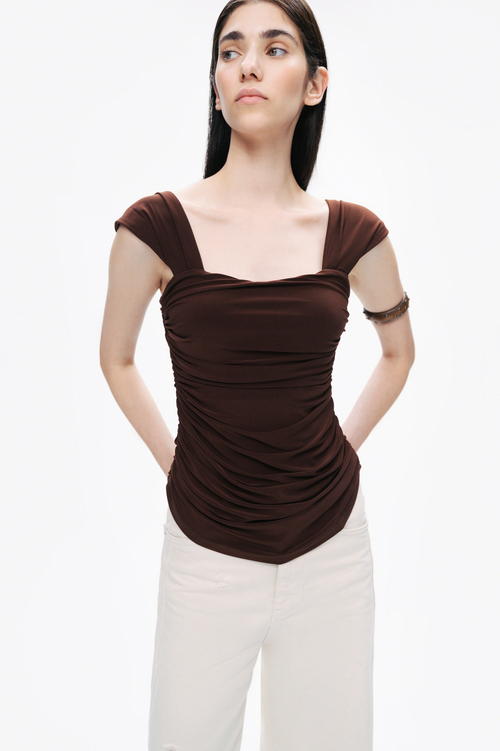 Coffee Thick Strap Draped Detail Blouse