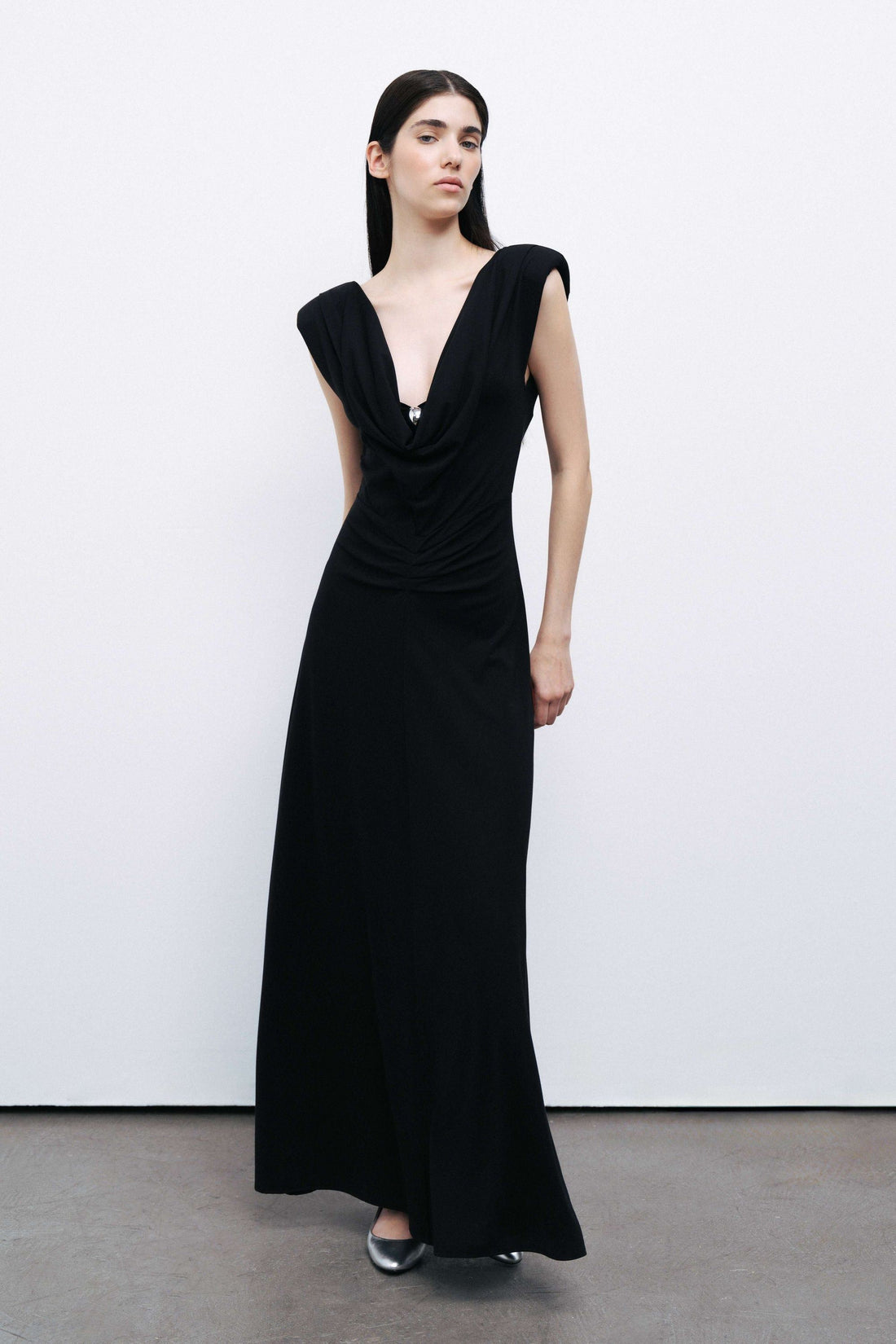 Black Padded Shoulder Maxi Dress