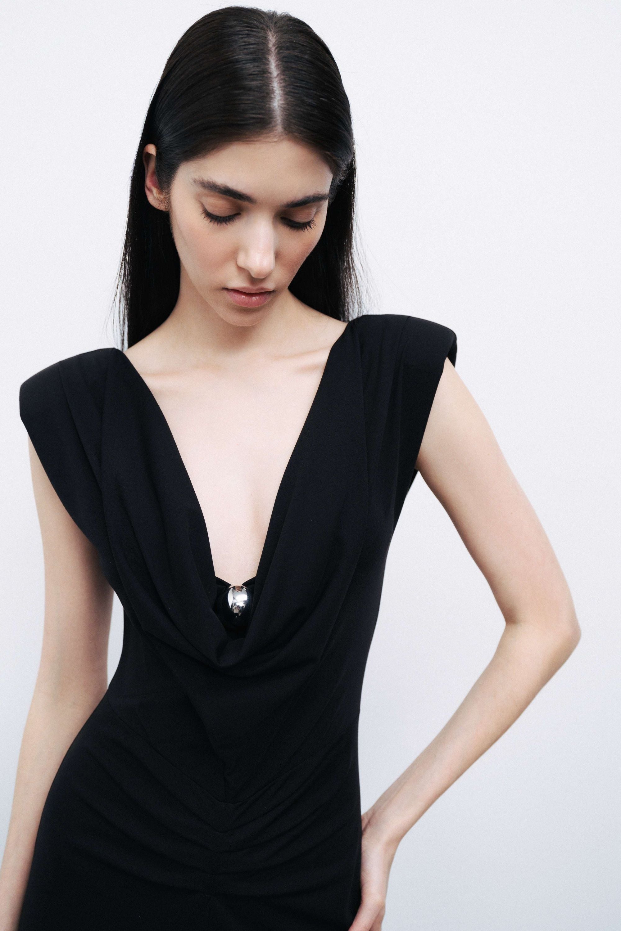 Black Padded Shoulder Maxi Dress