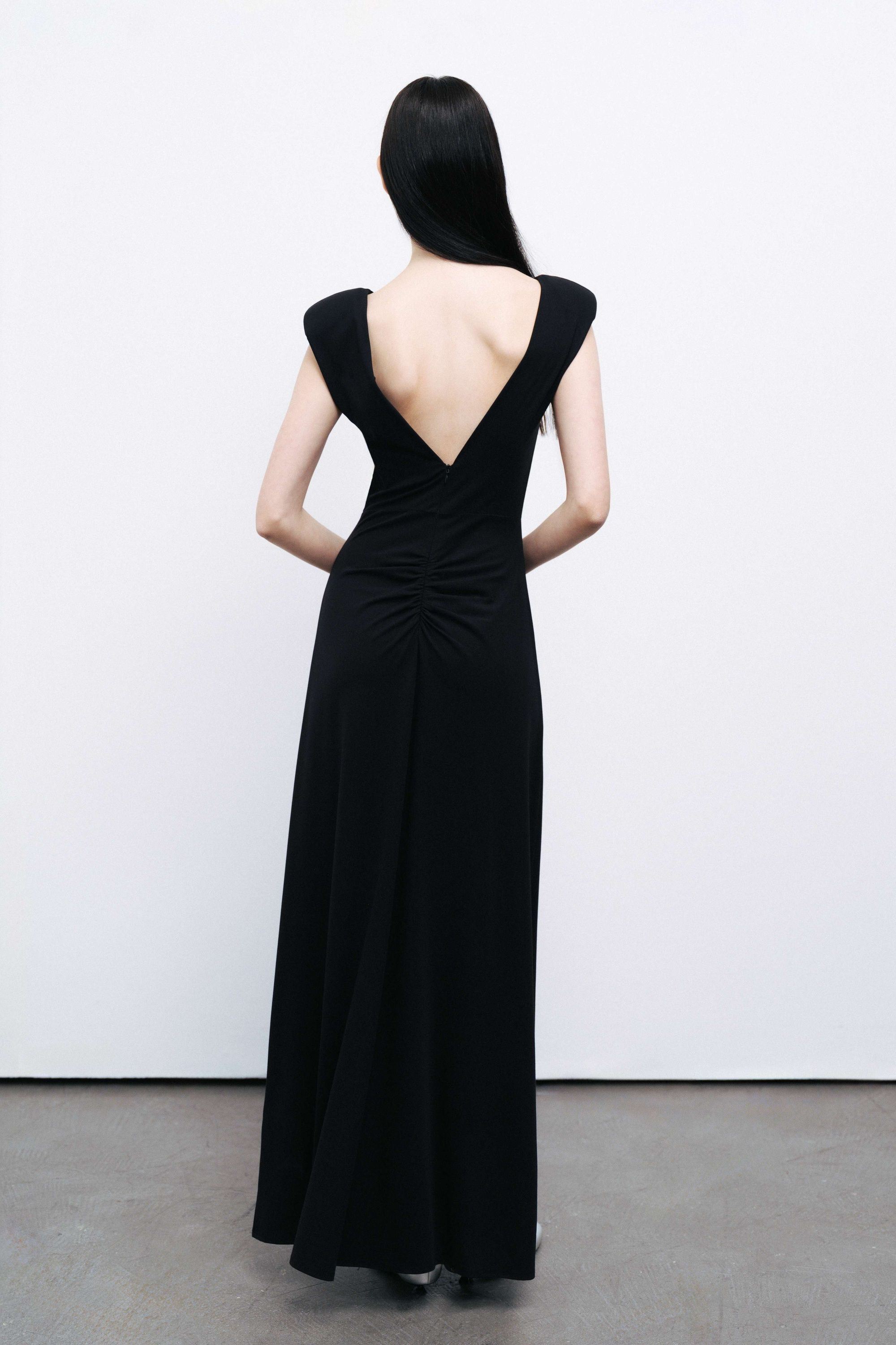 Black Padded Shoulder Maxi Dress