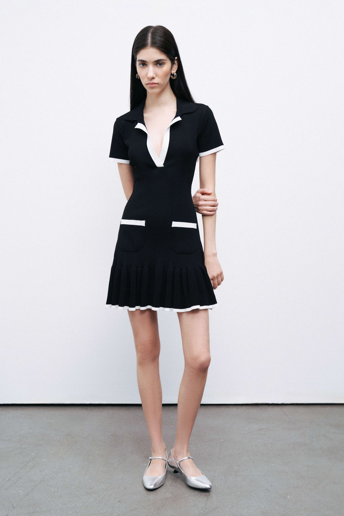 Black Pleated Hem Knit Mini Dress