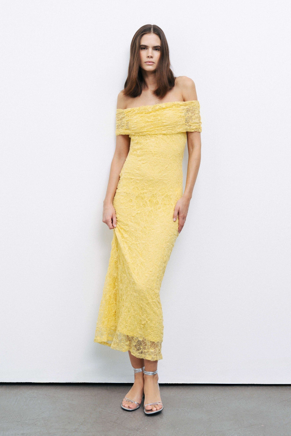 Yellow Off-The-Shoulder Lace Detailed Maxi Dress