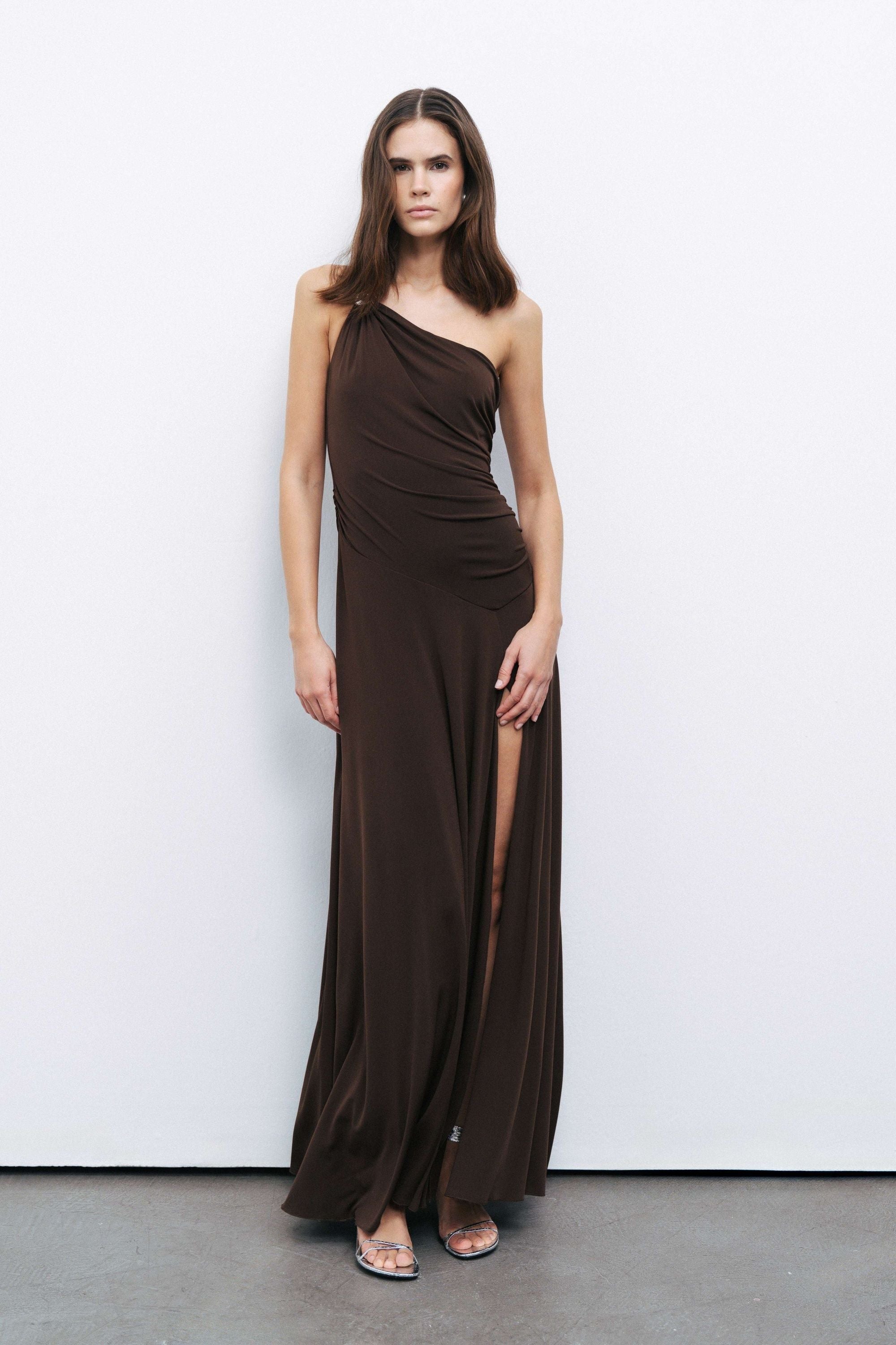 Brown One Shoulder Maxi Dress