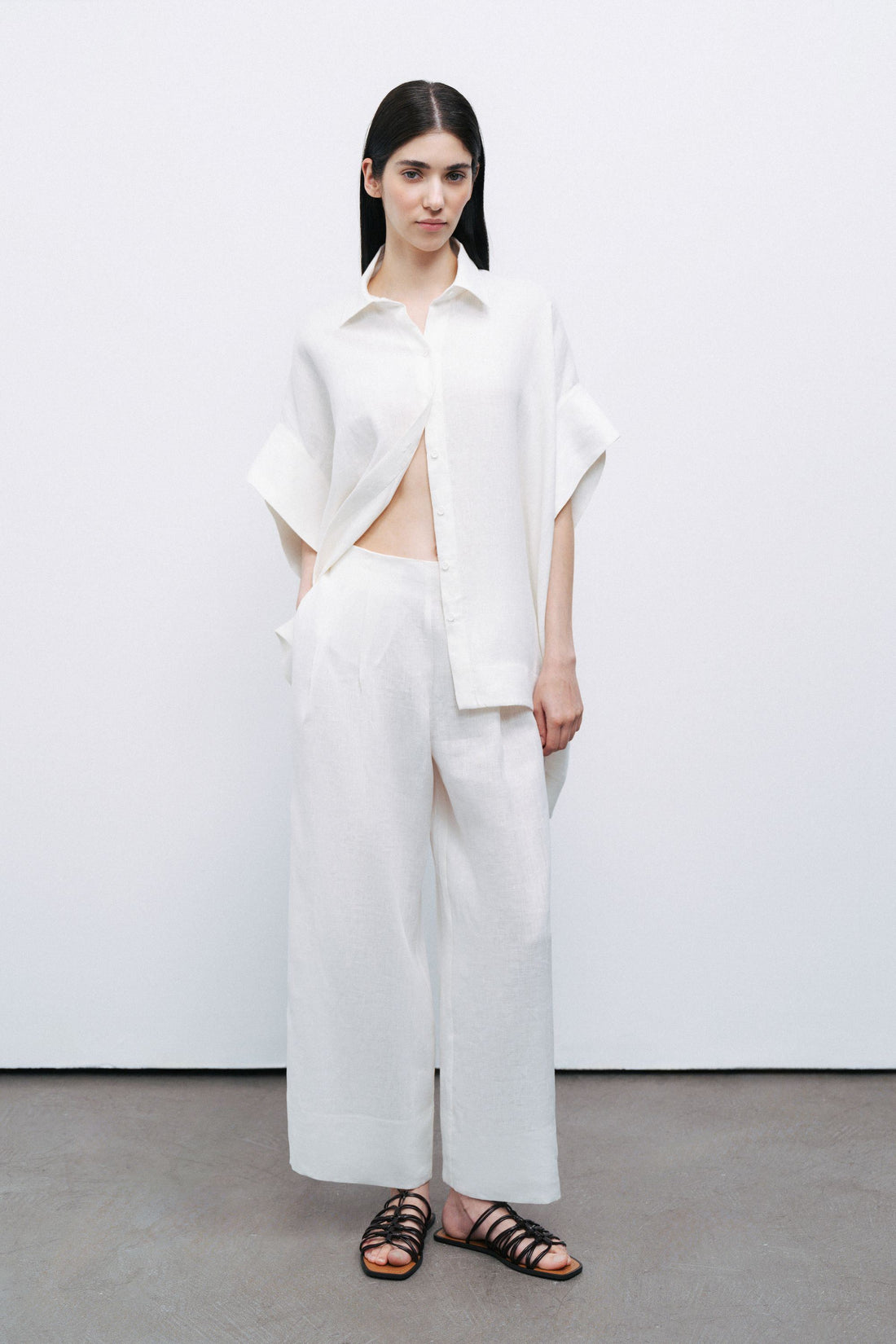 Ecru Linen Double Leg Pants