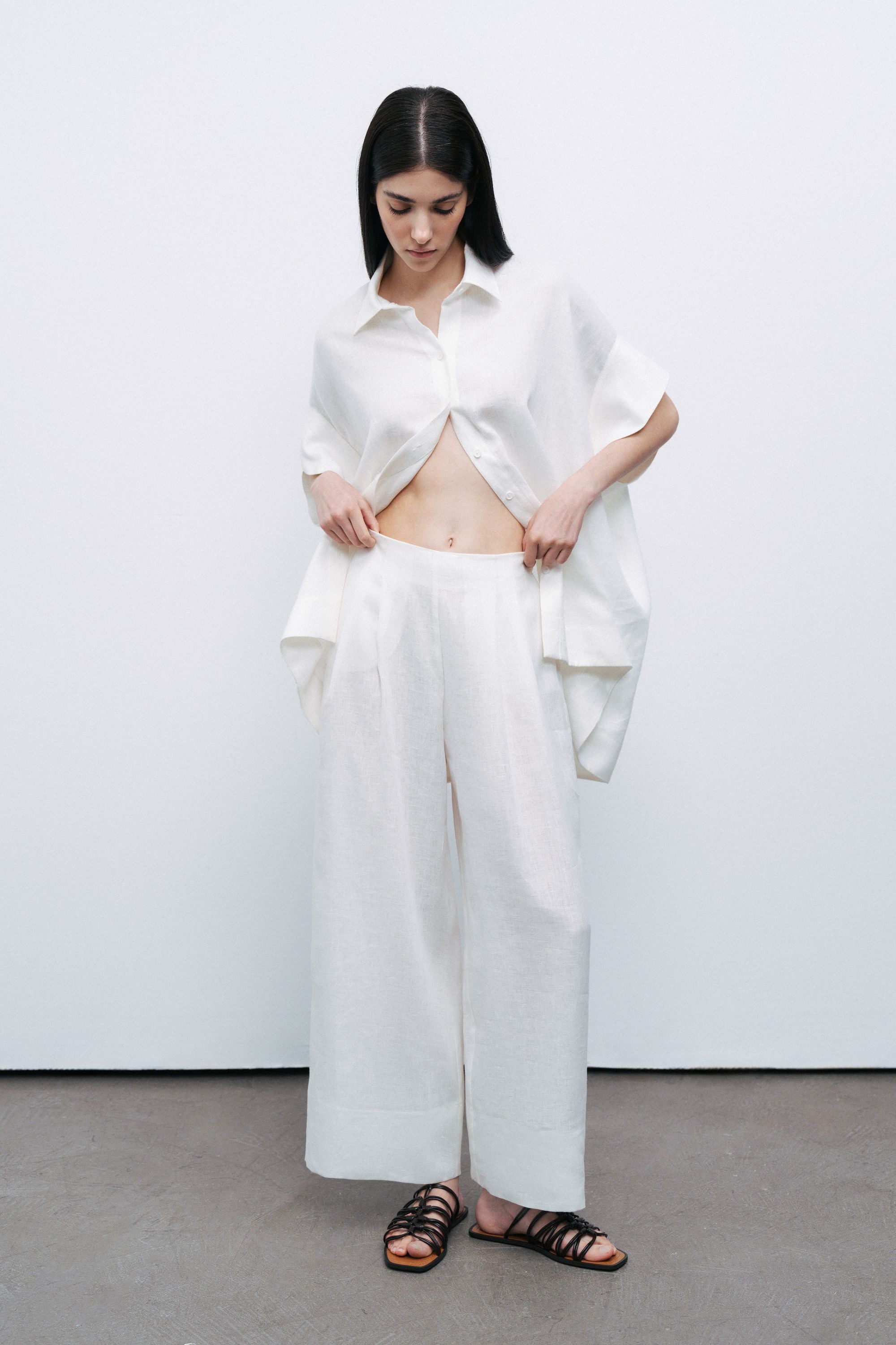 Ecru Linen Double Leg Pants