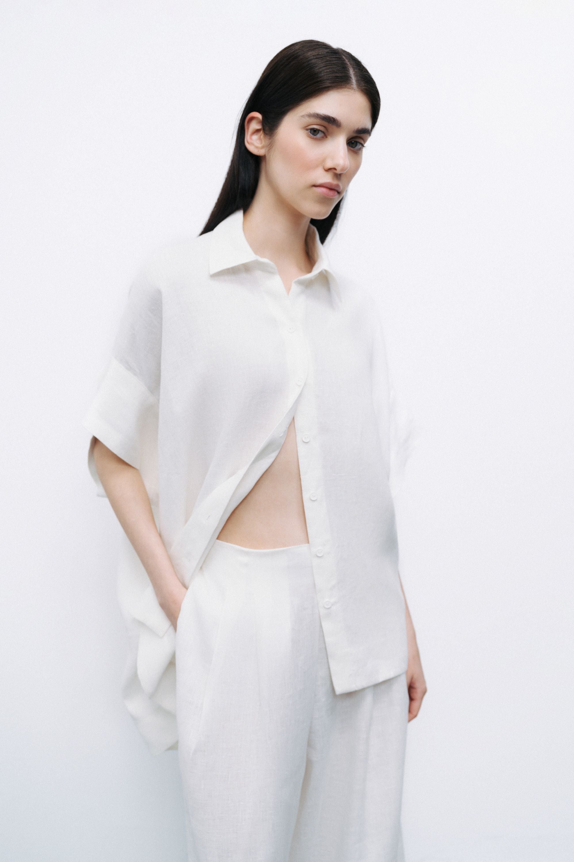Ecru Linen Double Leg Pants