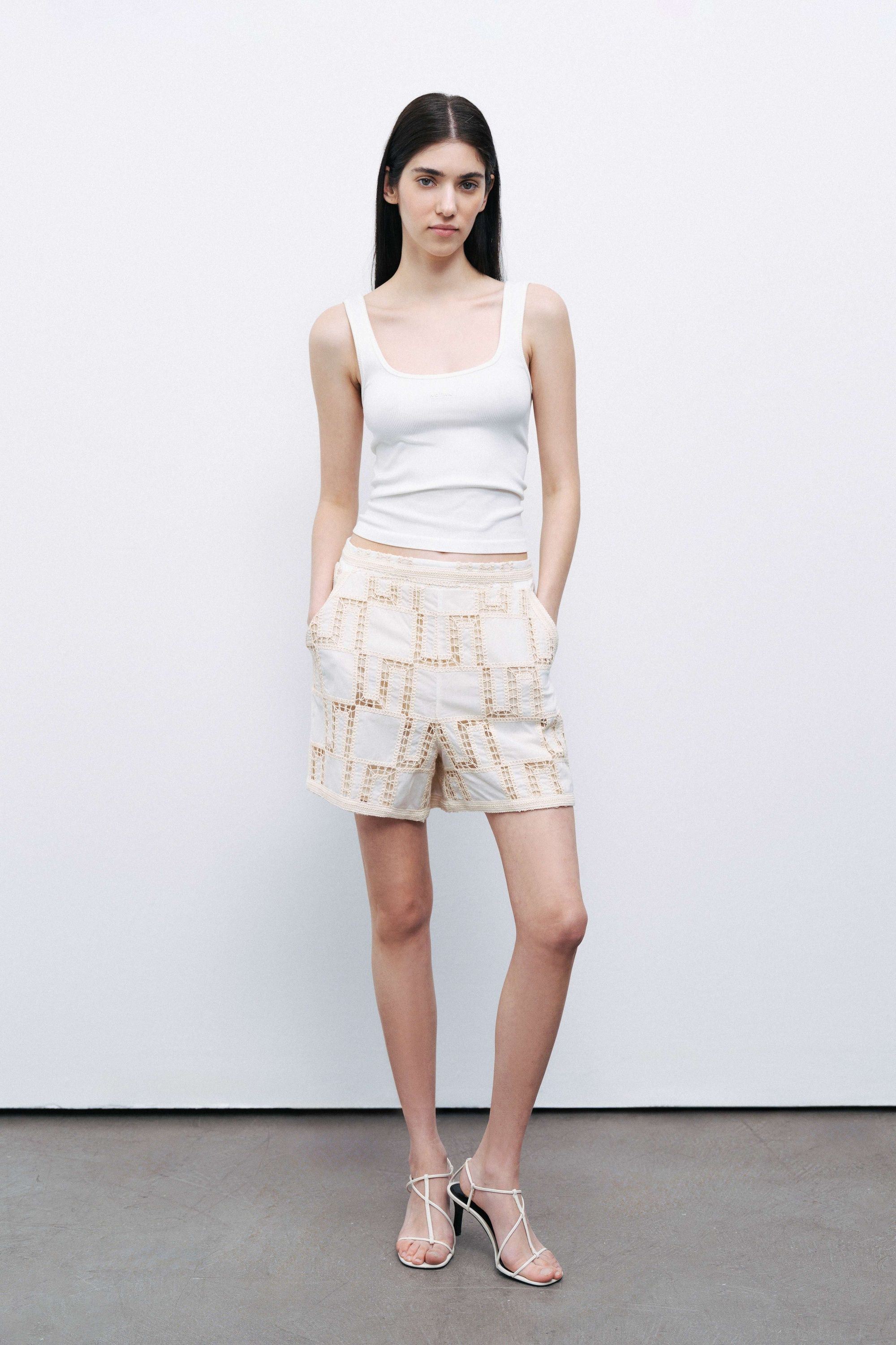Ecru High Waist Embroidered Mini Shorts