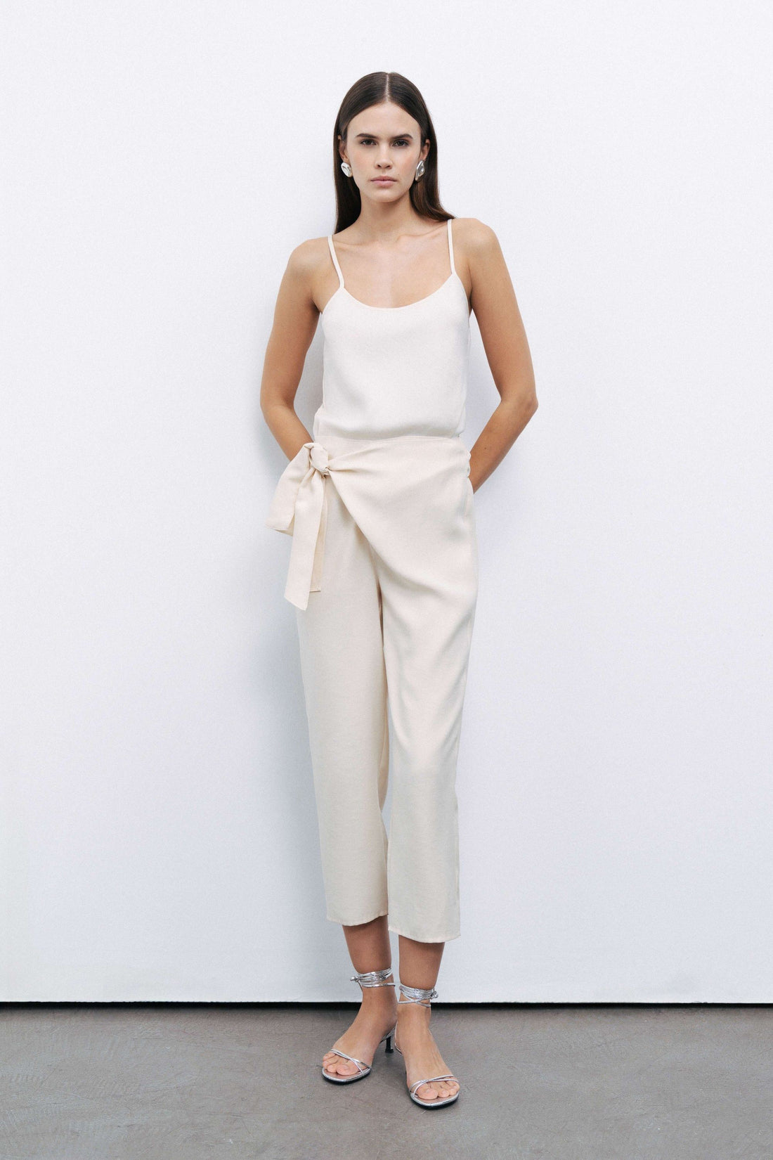 Ecru Belt Loops Bootcut Pants