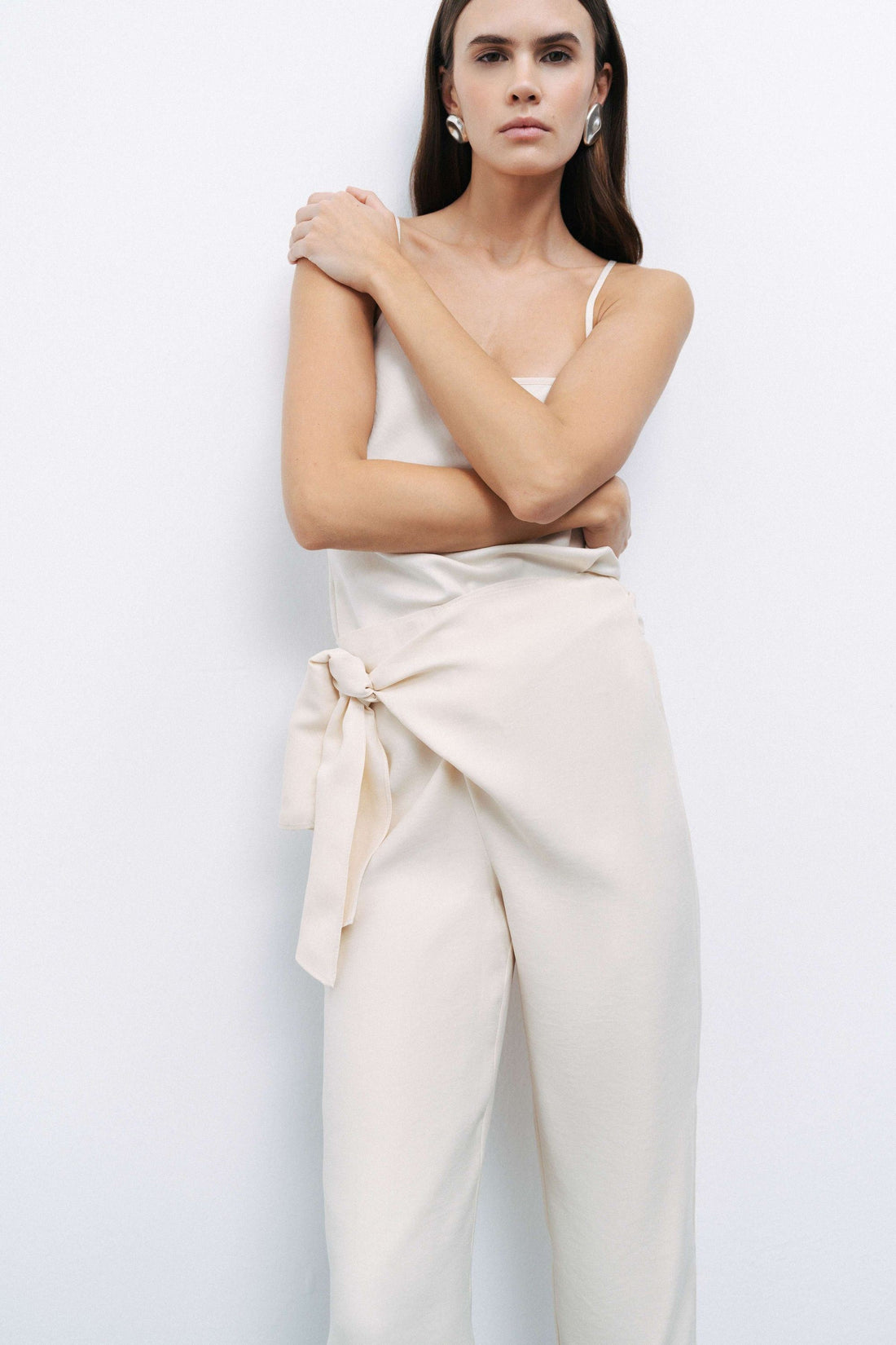 Ecru Belt Loops Bootcut Pants