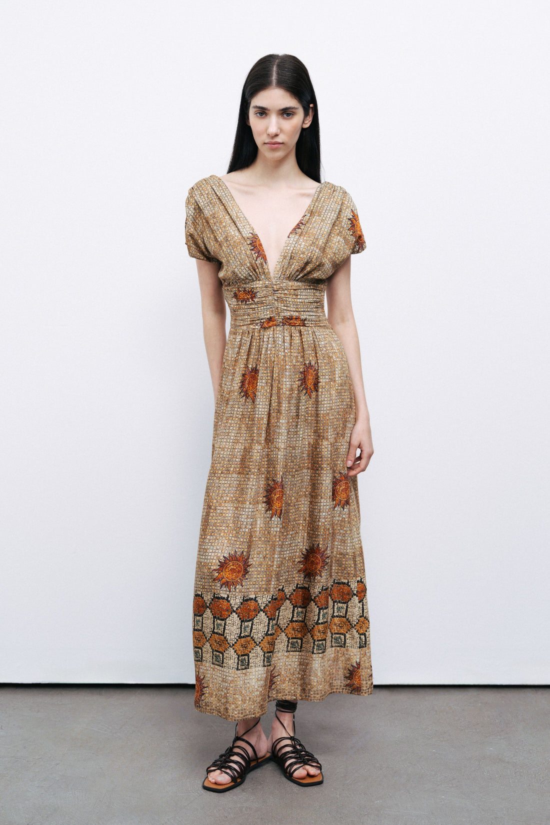 Patterned V-Neck Gathered Maxi Dress