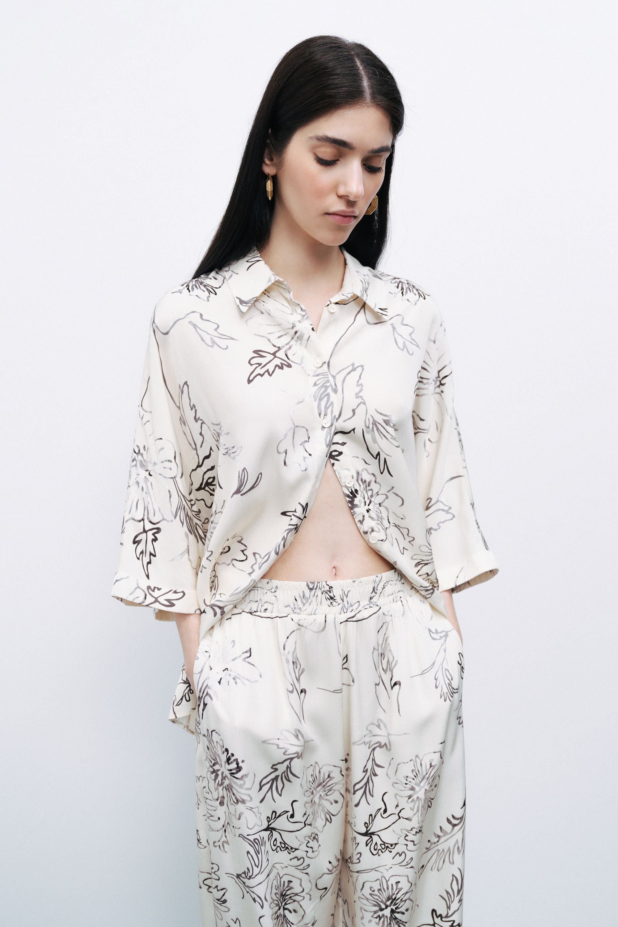 Ecru Floral Patterned Jacquard Bootcut Pants