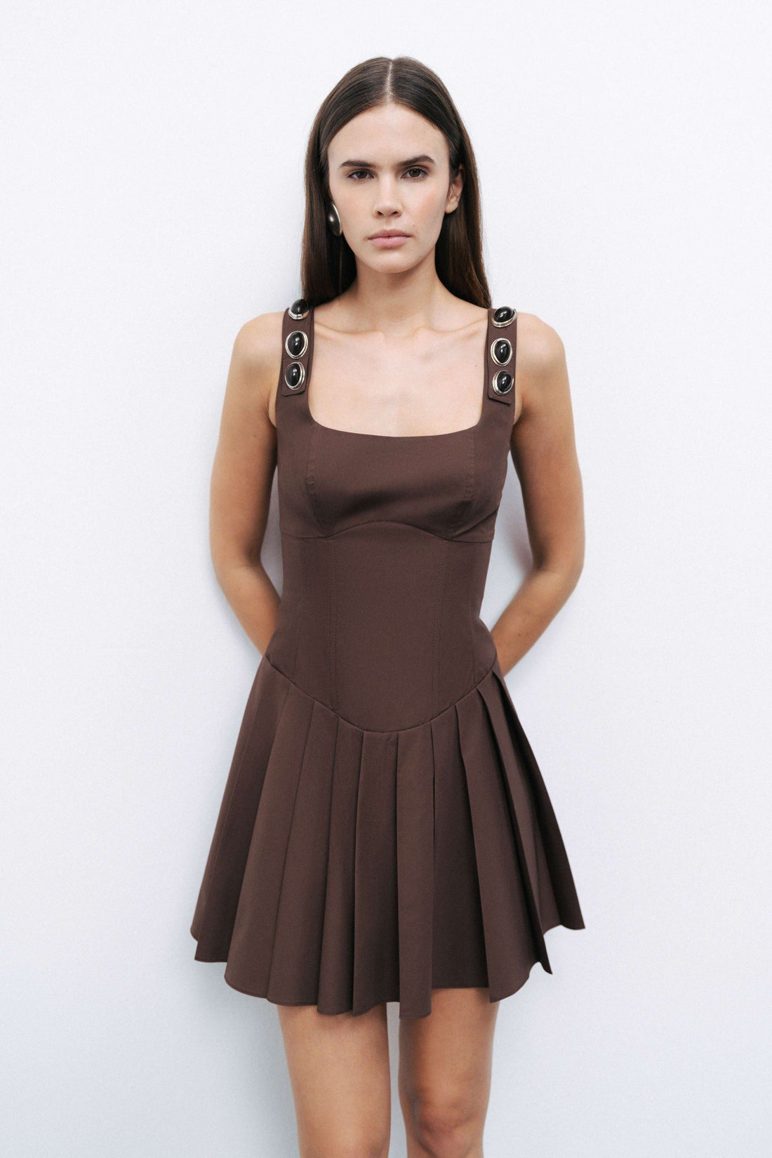 Coffee Accesory Detailed Corset Look Mini Dress