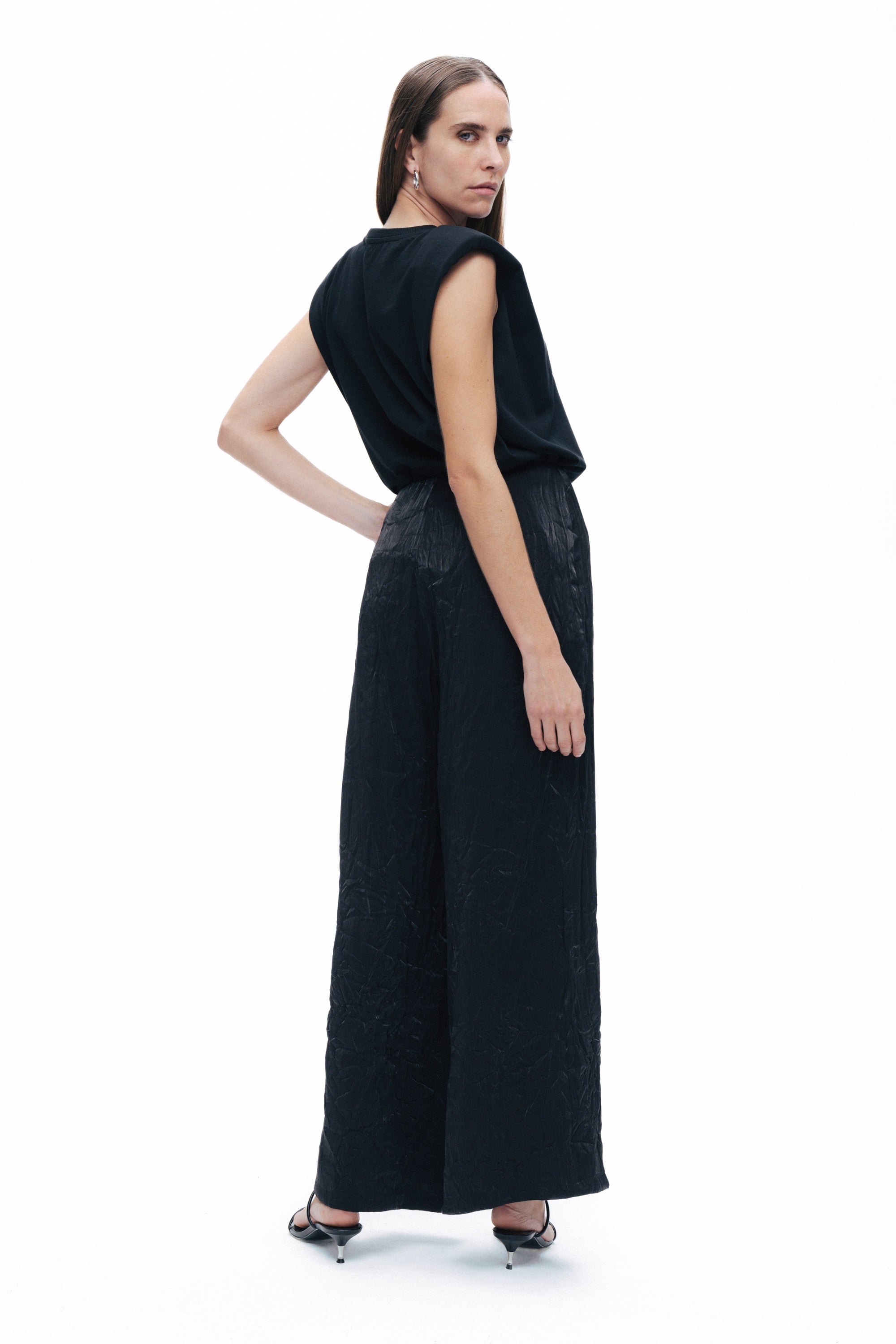 Black Wrinkled Wide-Leg Pants