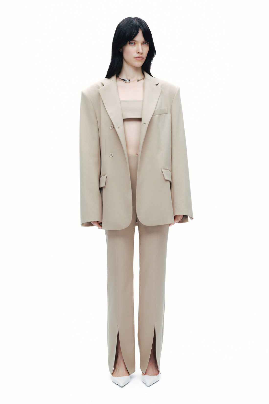 Beige Oversized Padded Blazer Jacket