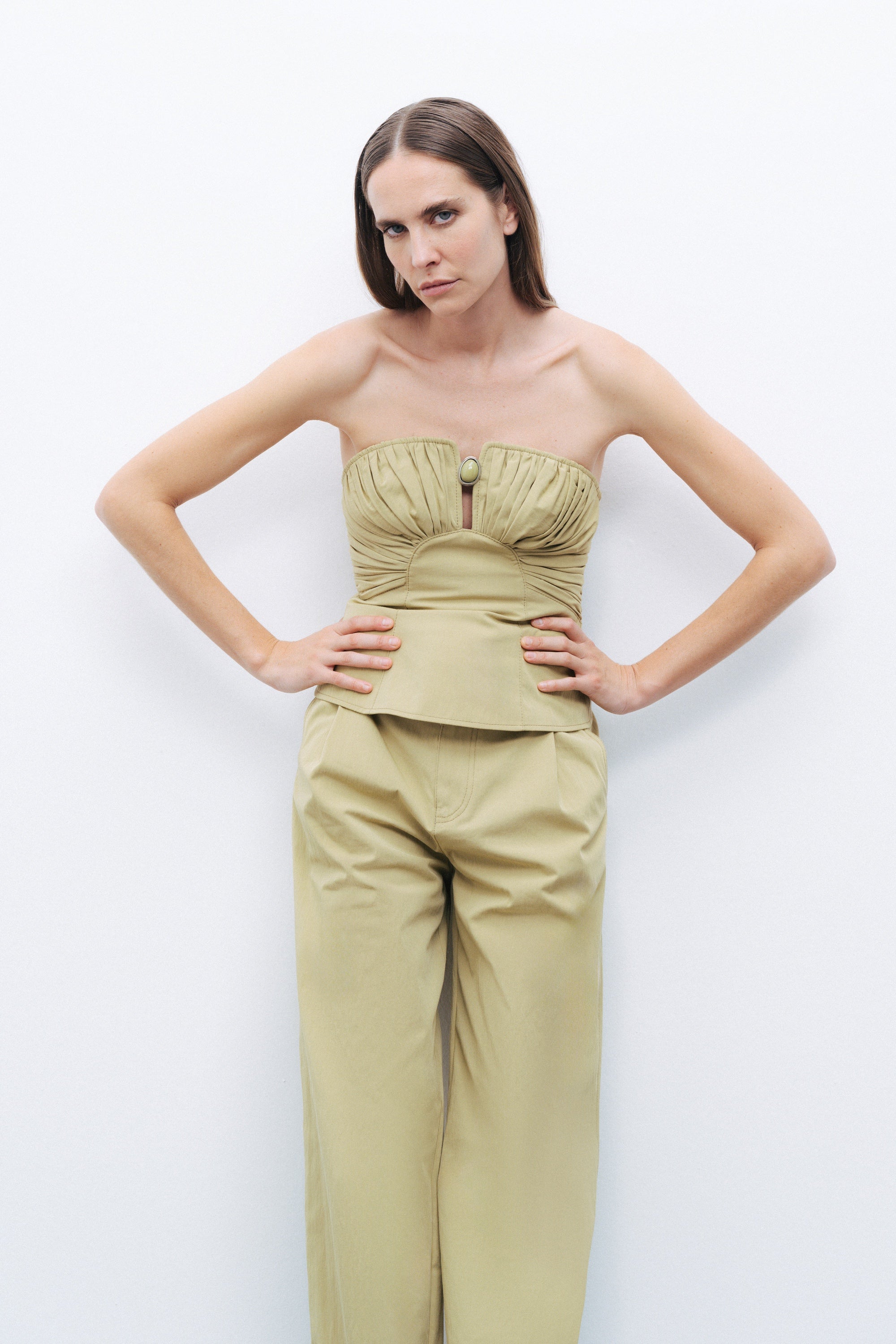 Almond-Accented Strapless Crop Top