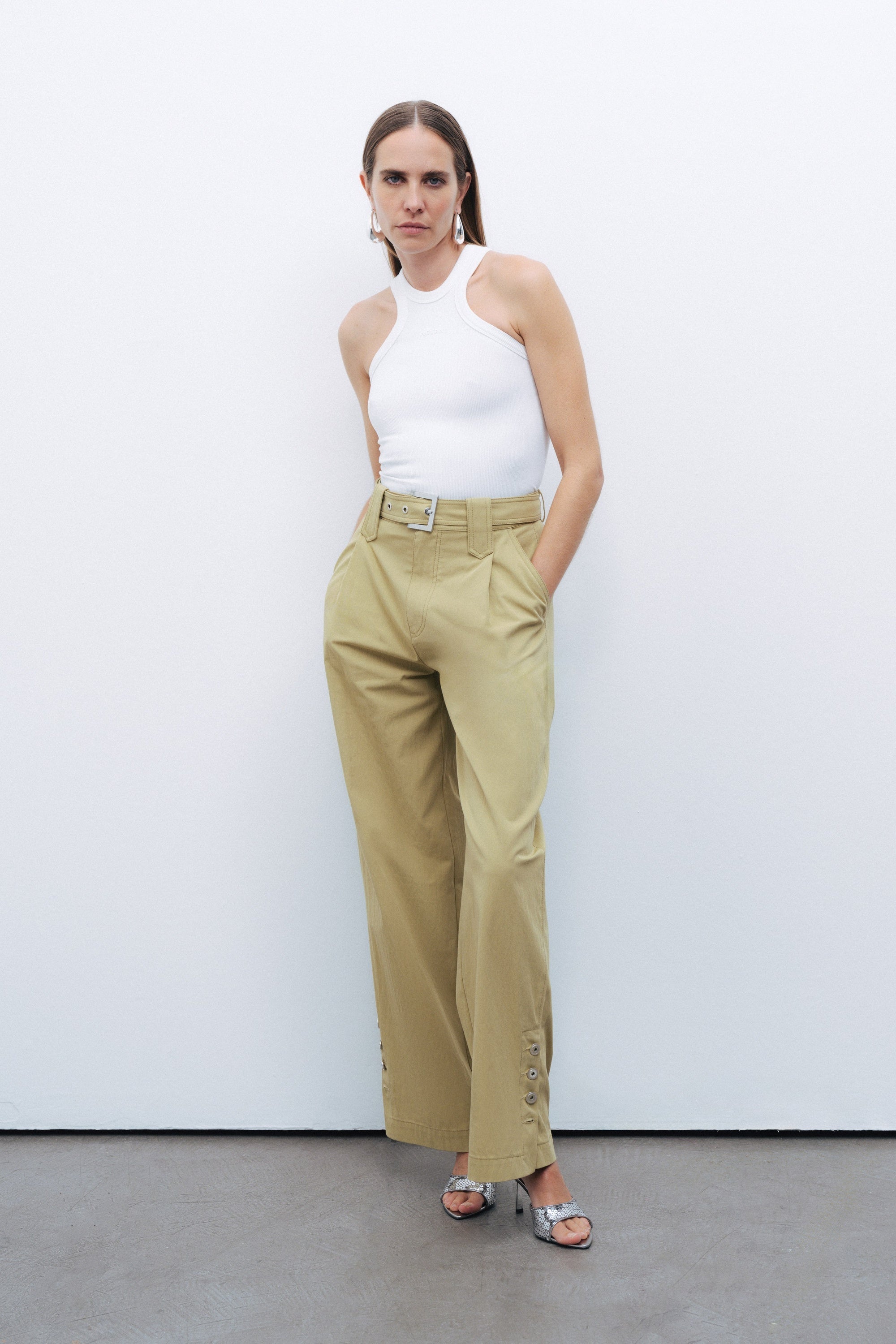 Metal Buckle Detailed Belted Pants