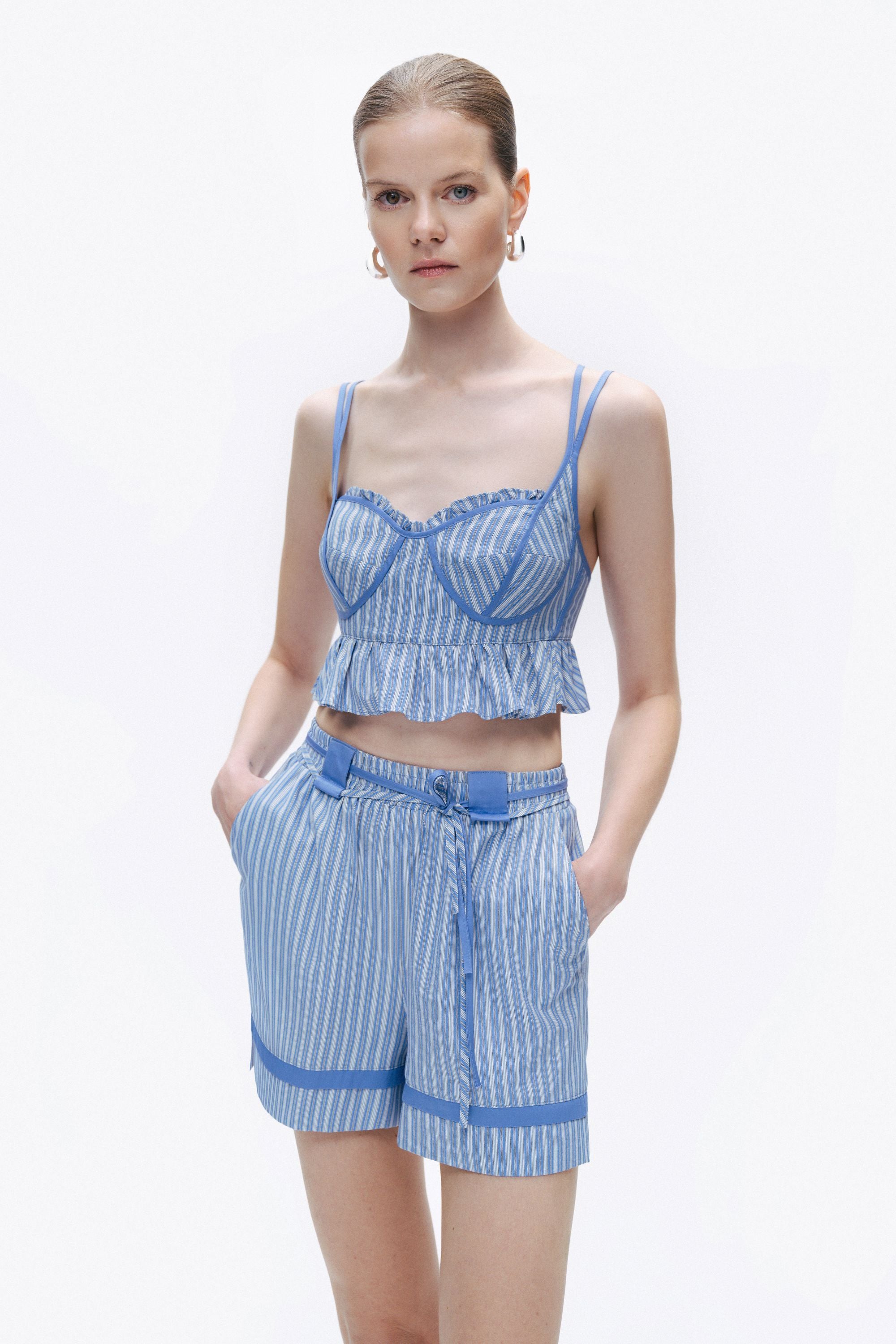 Blue Lace-Up High Waist Mini Shorts