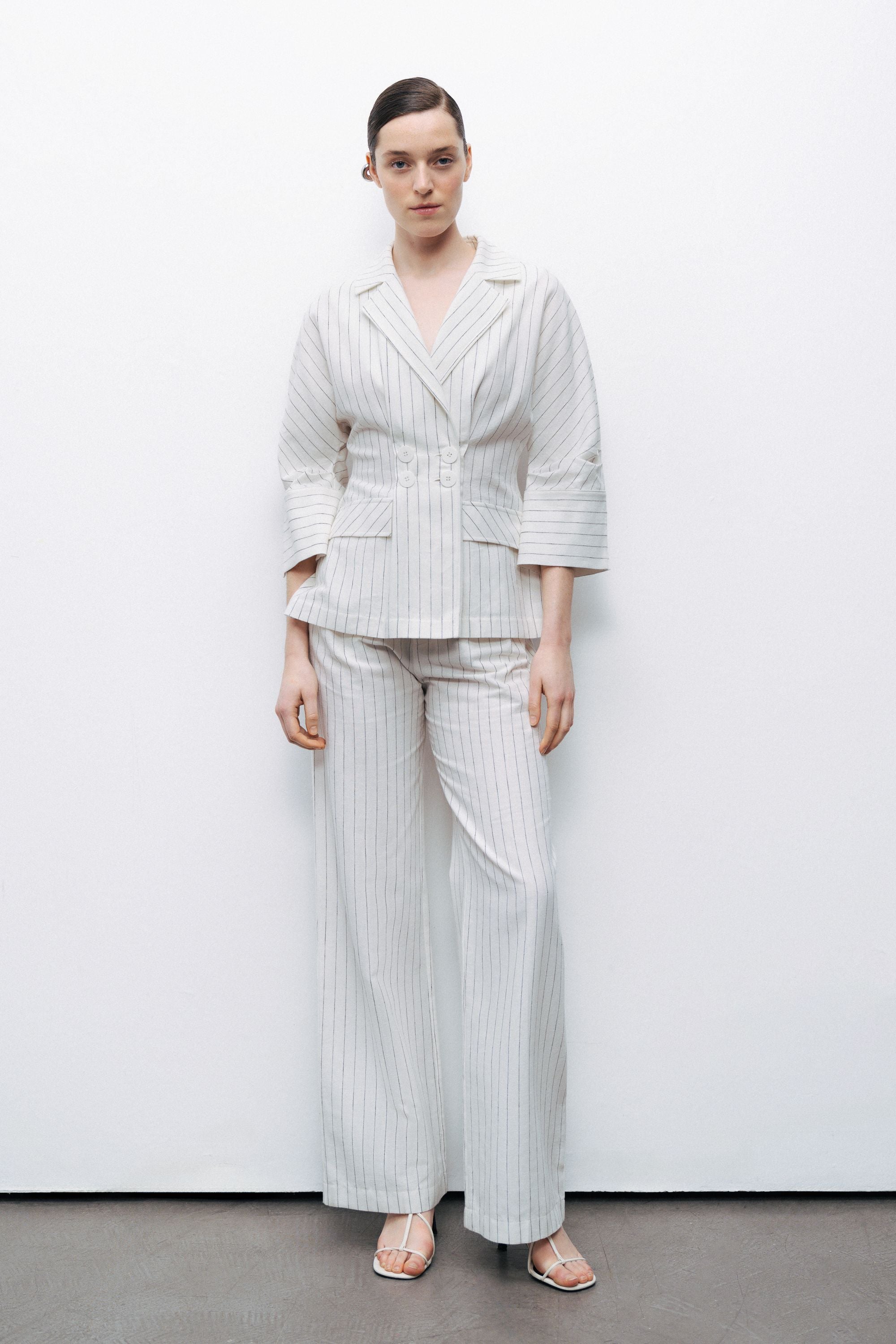 Ecru Striped Linen Blend Jacket