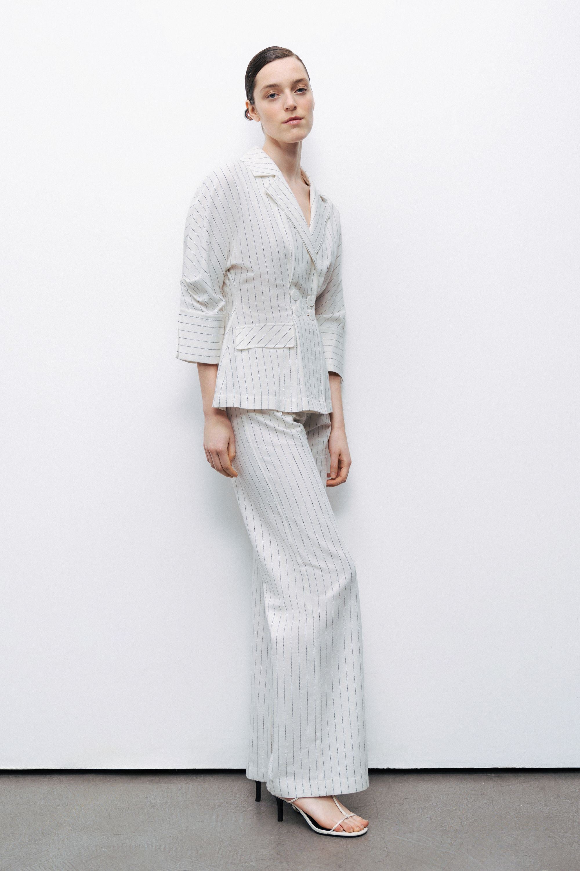Ecru Striped Linen Blend Jacket