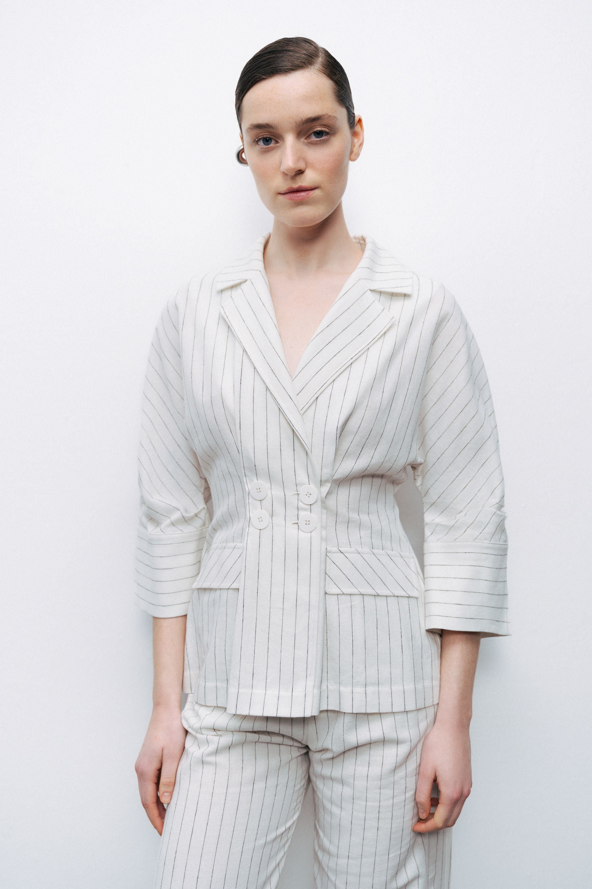 Ecru Striped Linen Blend Jacket