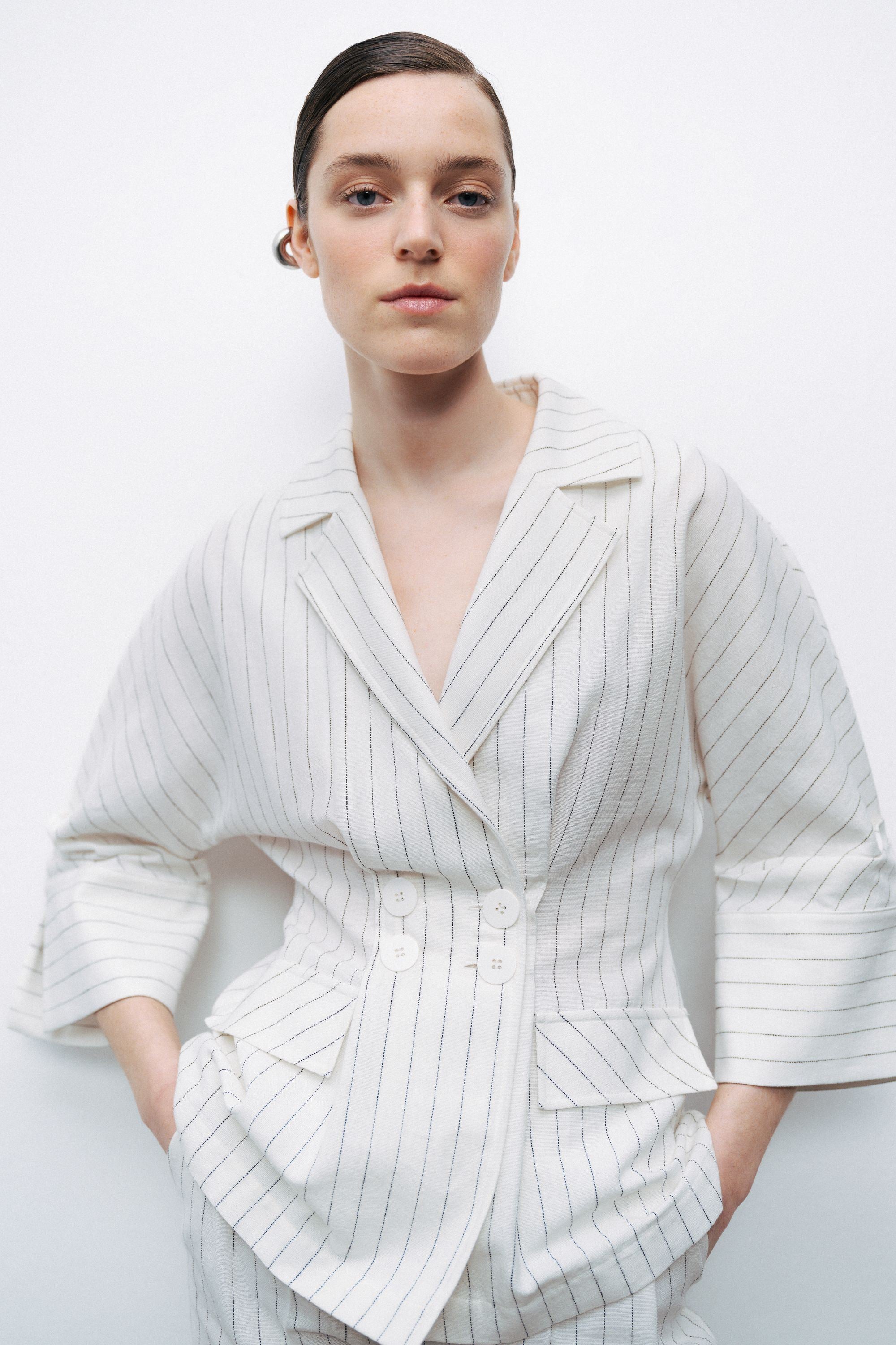 Ecru Striped Linen Blend Jacket