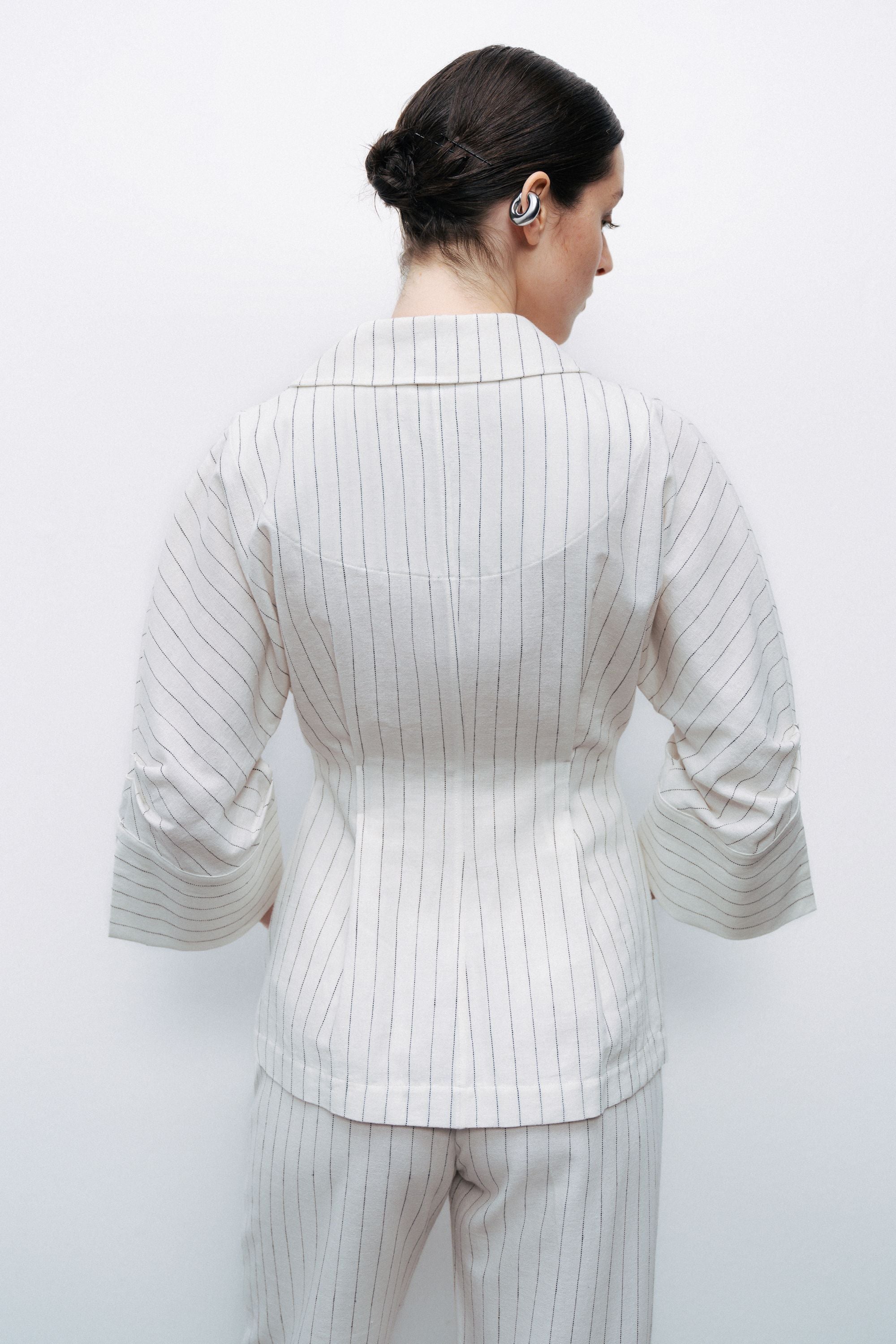 Ecru Striped Linen Blend Jacket