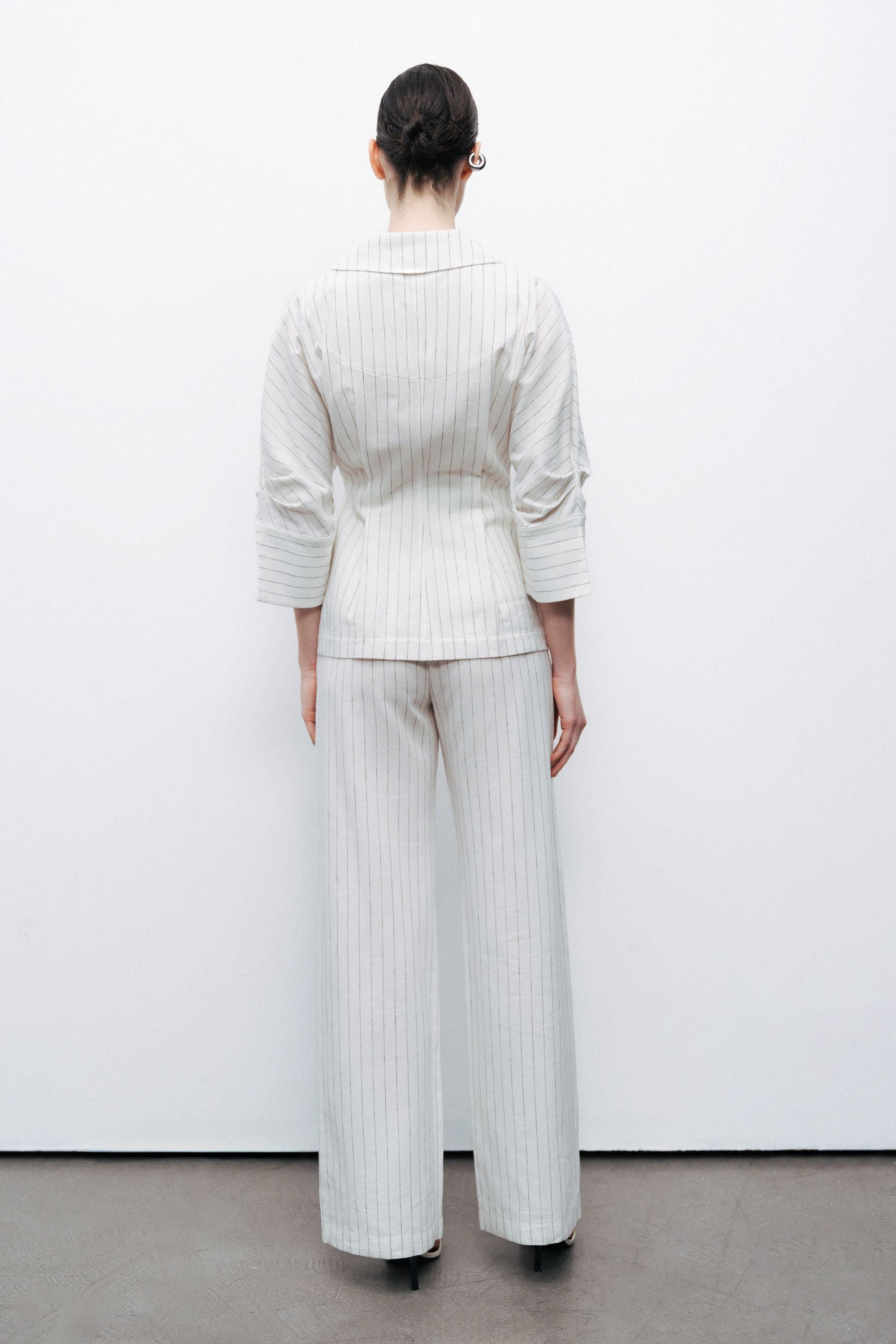 Ecru Striped Linen Blend Jacket