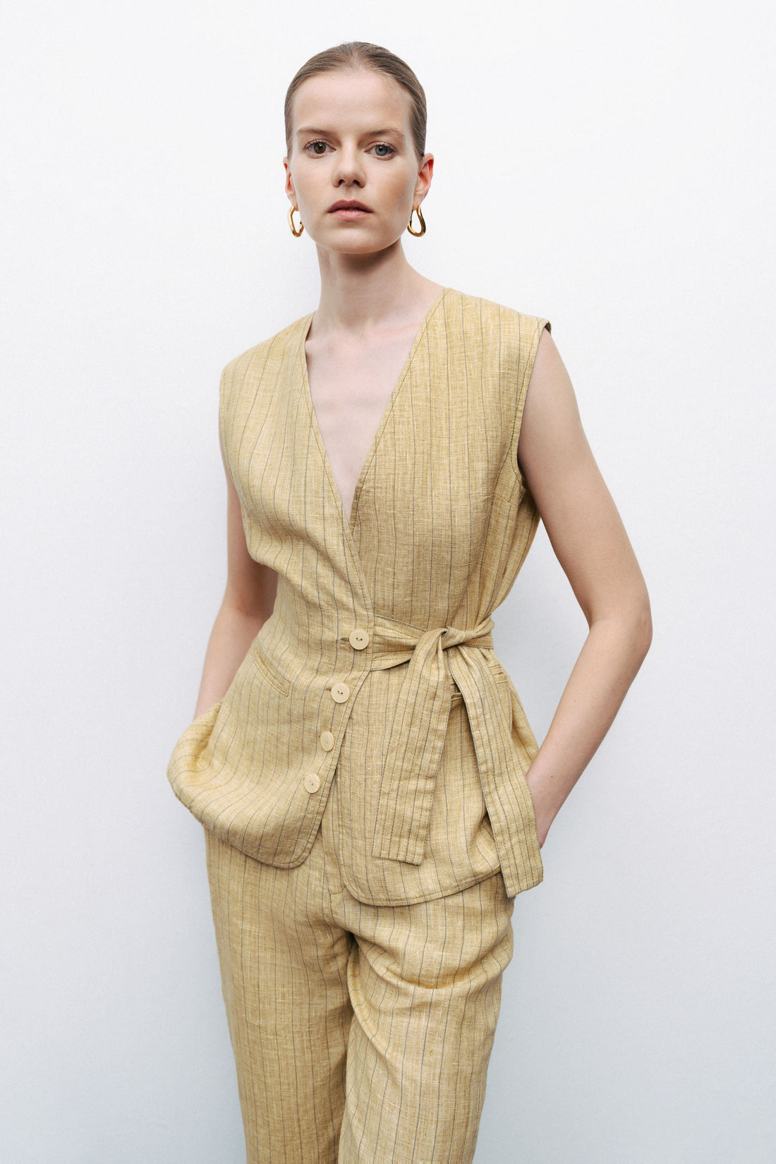 Linen Tie Belt Detail Vest