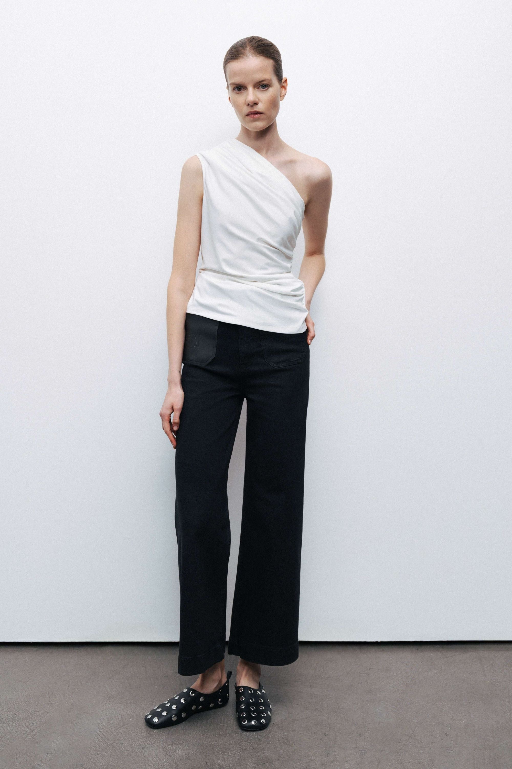 Ecru One Shoulder Shirred Detailed Blouse