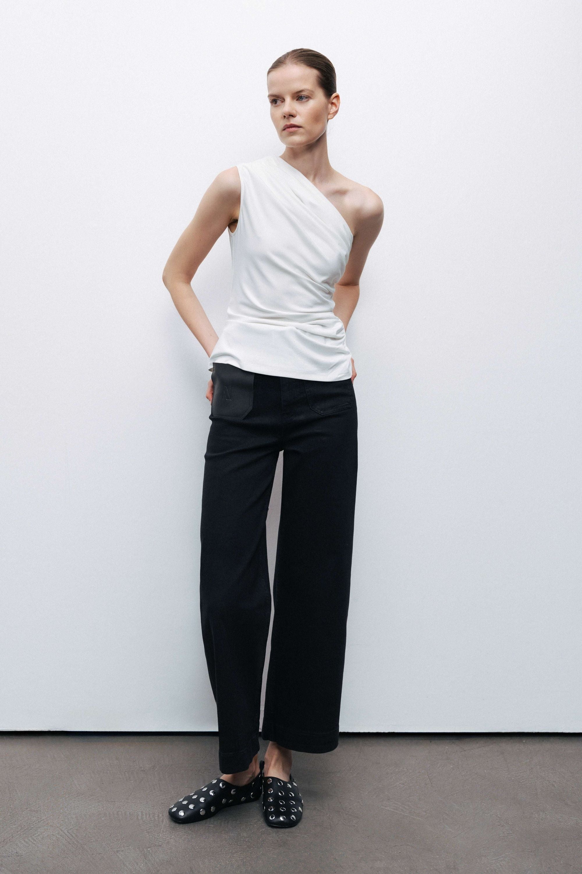 Ecru One Shoulder Shirred Detailed Blouse