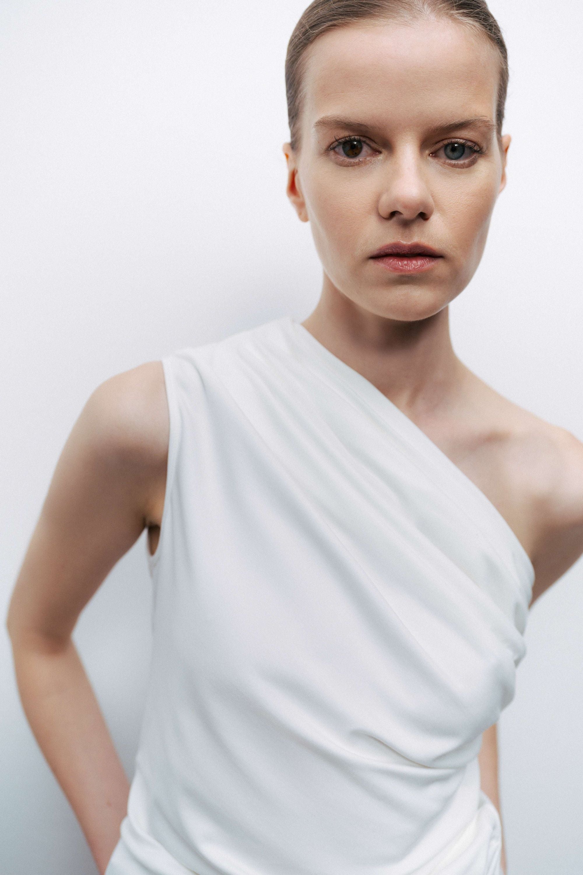 Ecru One Shoulder Shirred Detailed Blouse
