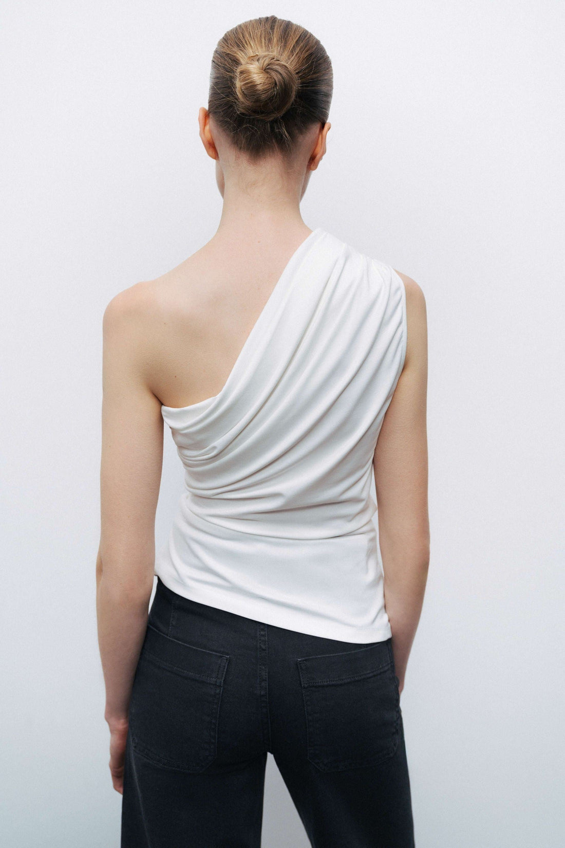 Ecru One Shoulder Shirred Detailed Blouse