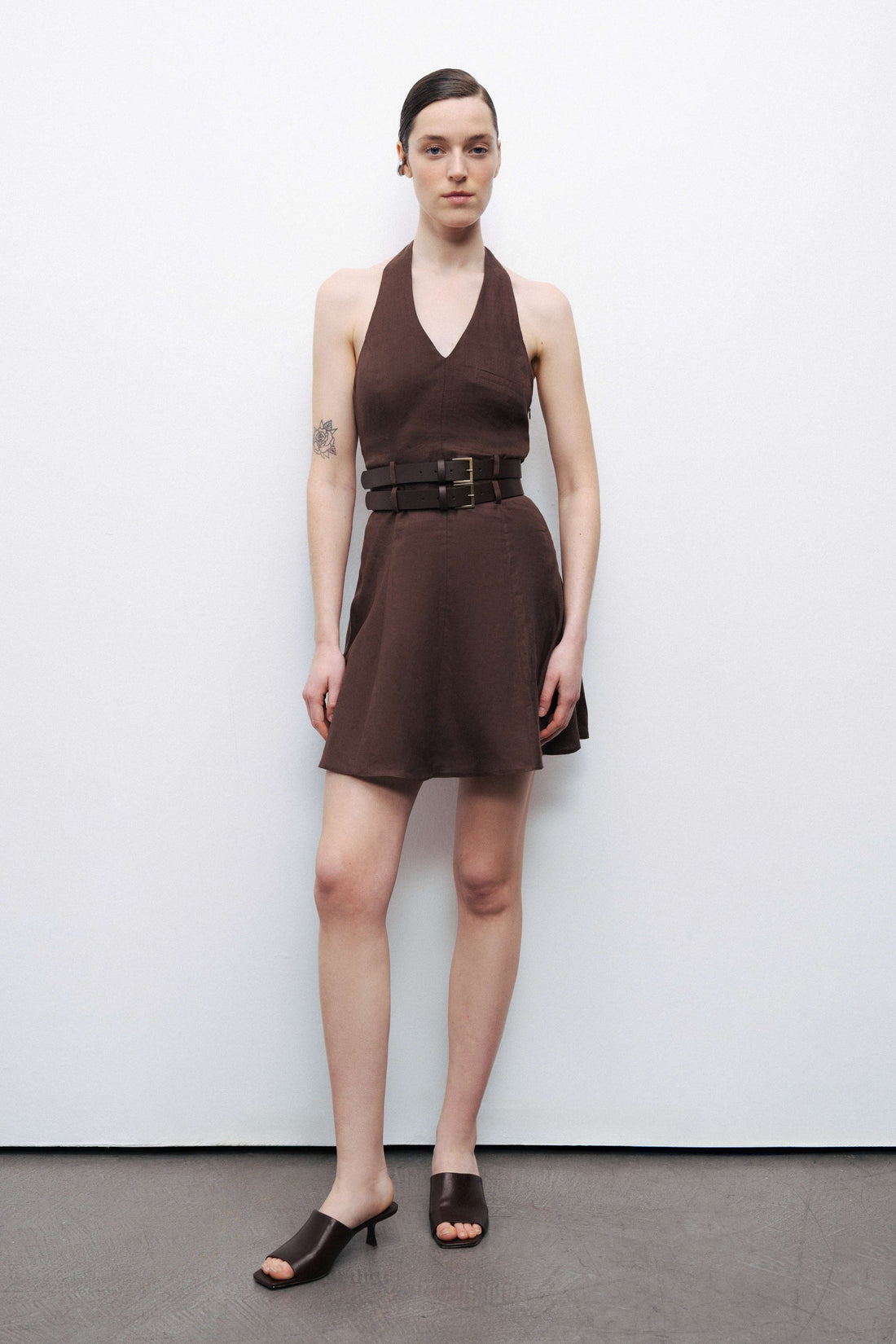Coffee Double Belt Detailed Halter Neck Mini Dress