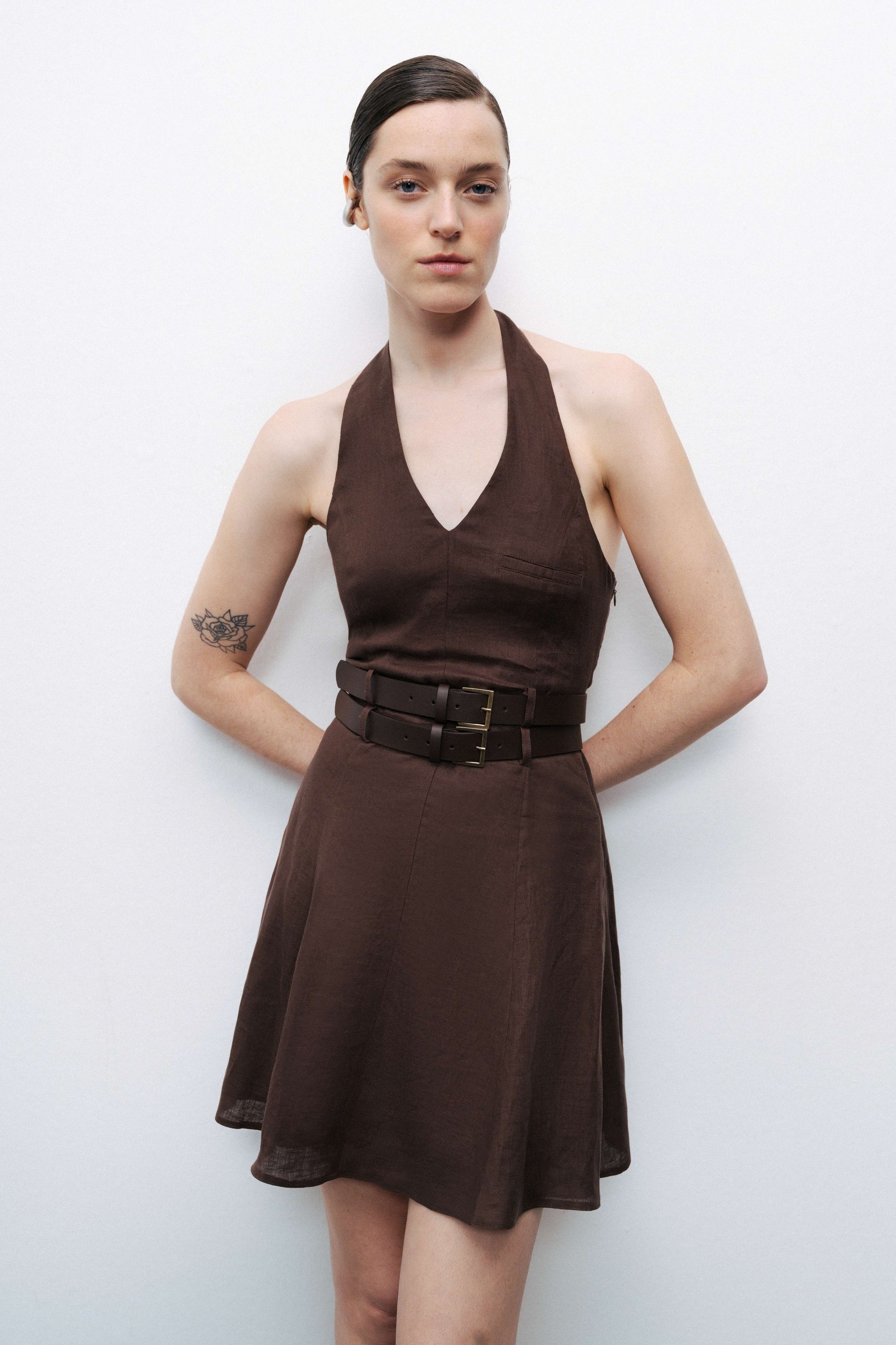 Coffee Double Belt Detailed Halter Neck Mini Dress