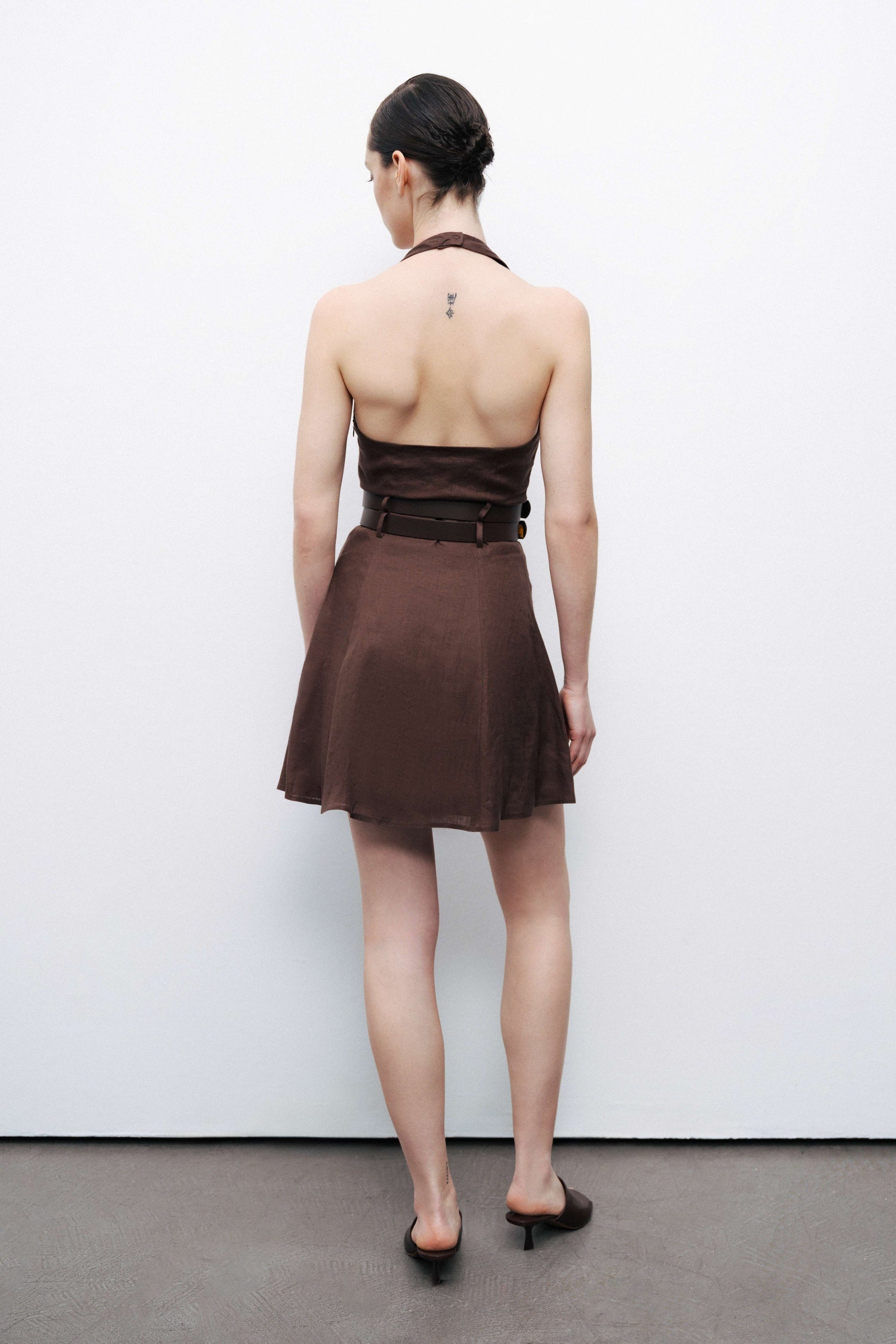 Coffee Double Belt Detailed Halter Neck Mini Dress