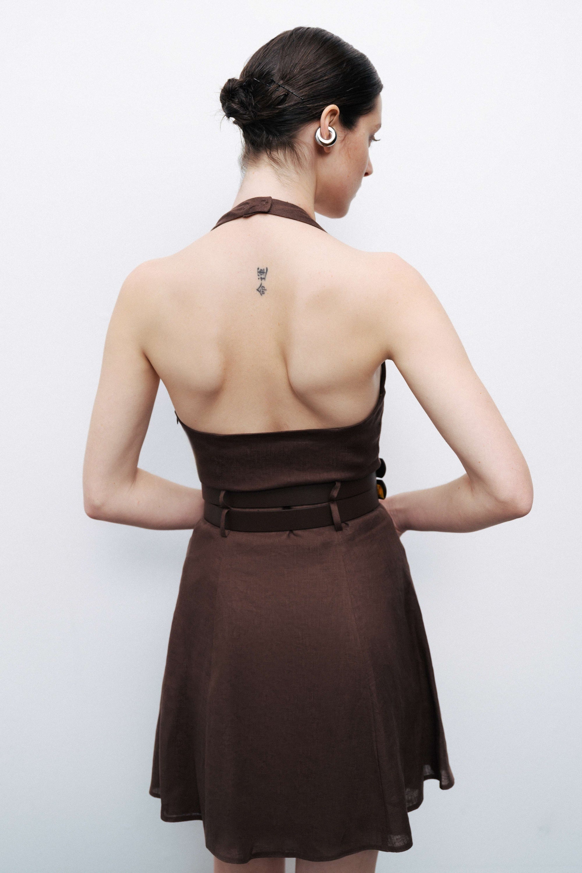 Coffee Double Belt Detailed Halter Neck Mini Dress
