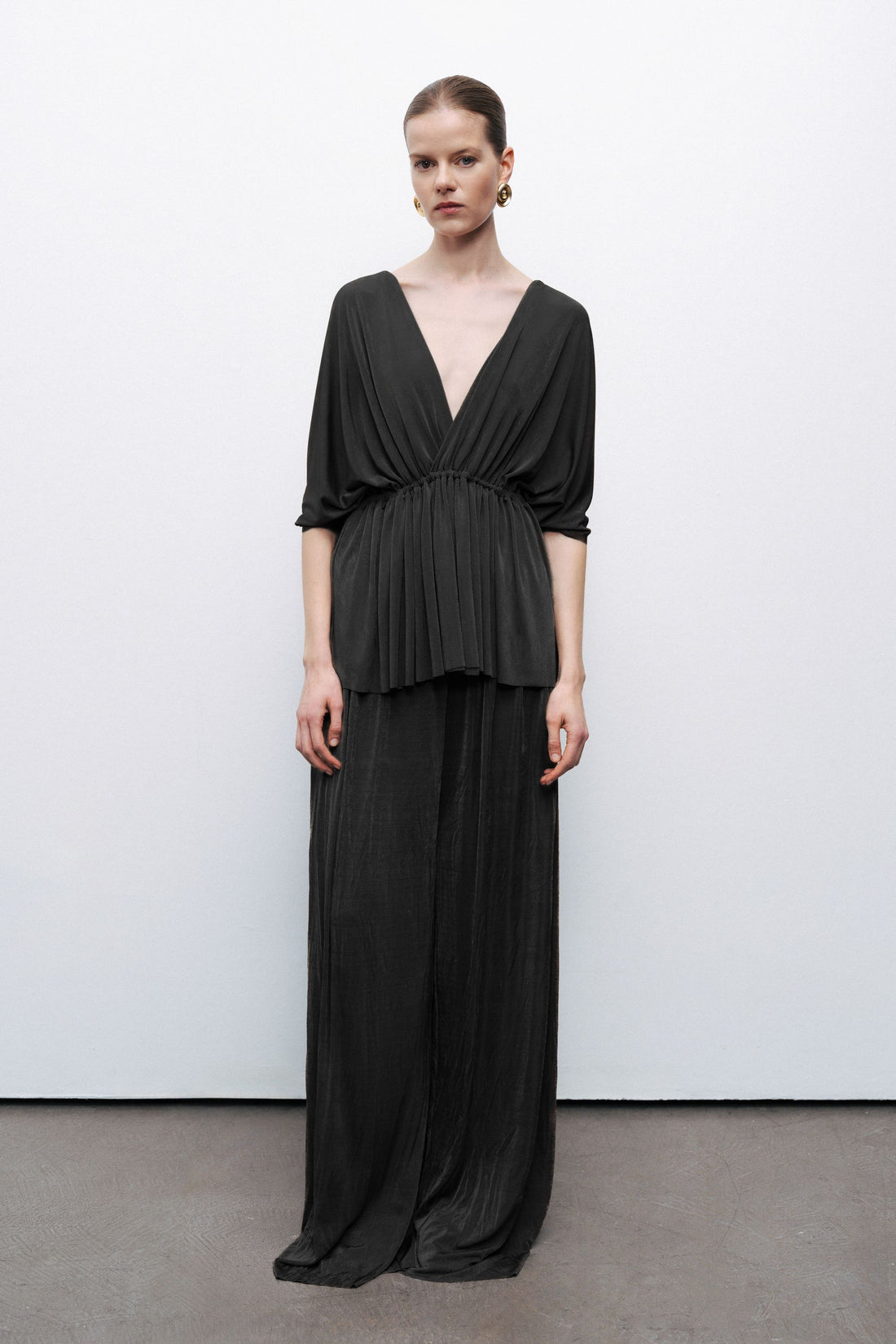 Black Gathered Detail Wide Leg Pants