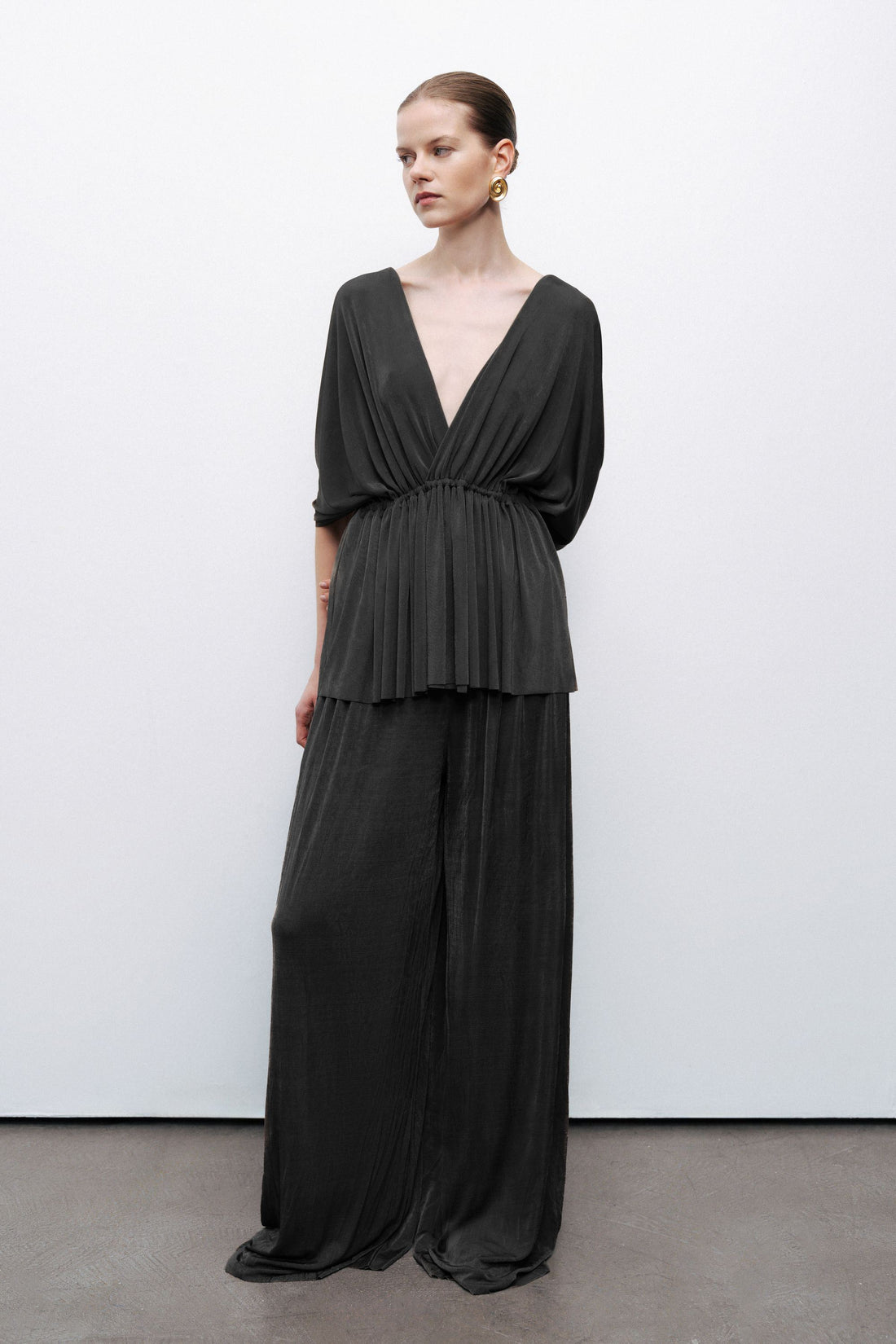 Black Gathered Detail Wide Leg Pants