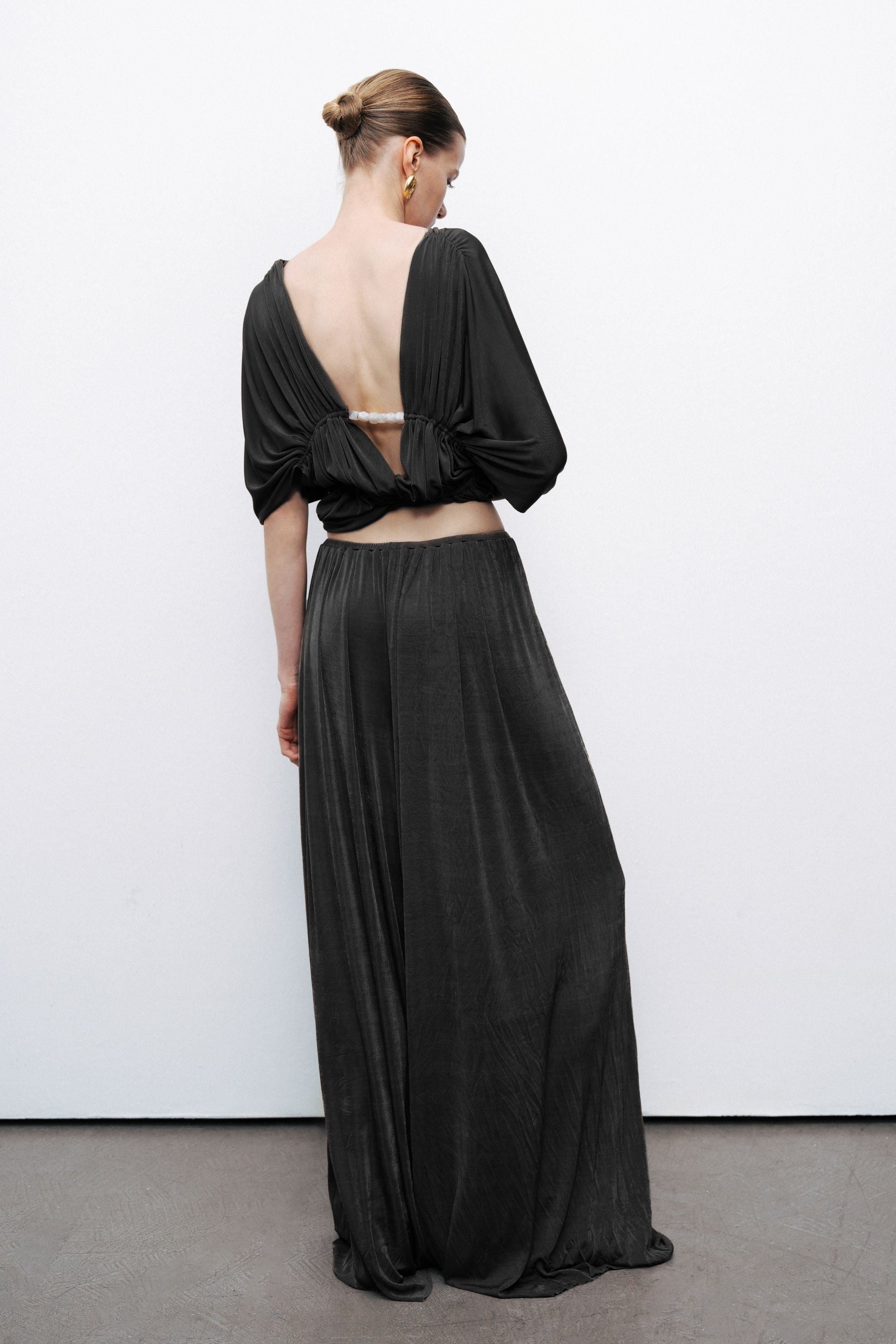 Black Gathered Detail Wide Leg Pants
