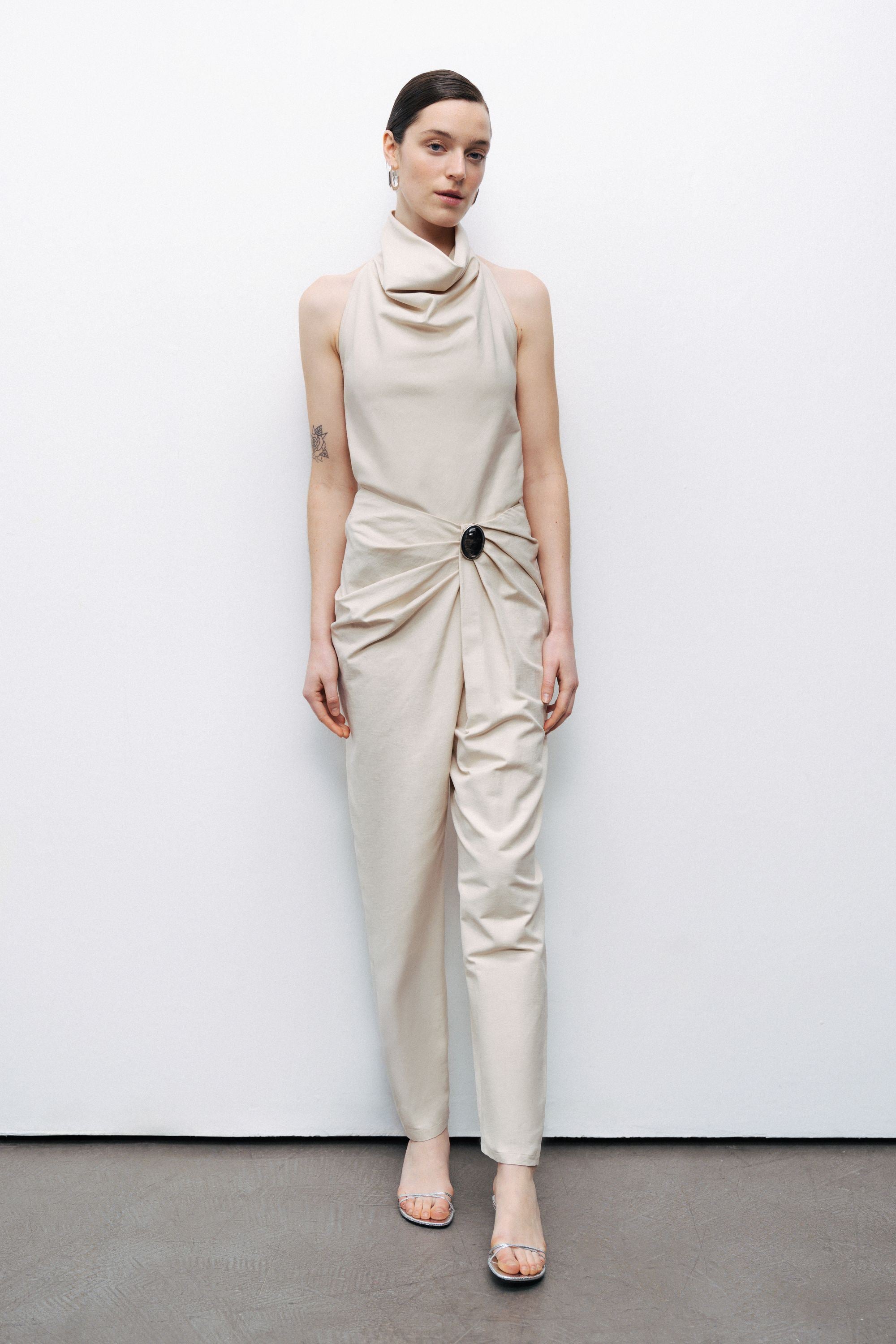 Beige Asymmetrical Draped Detail Bootcut Pants