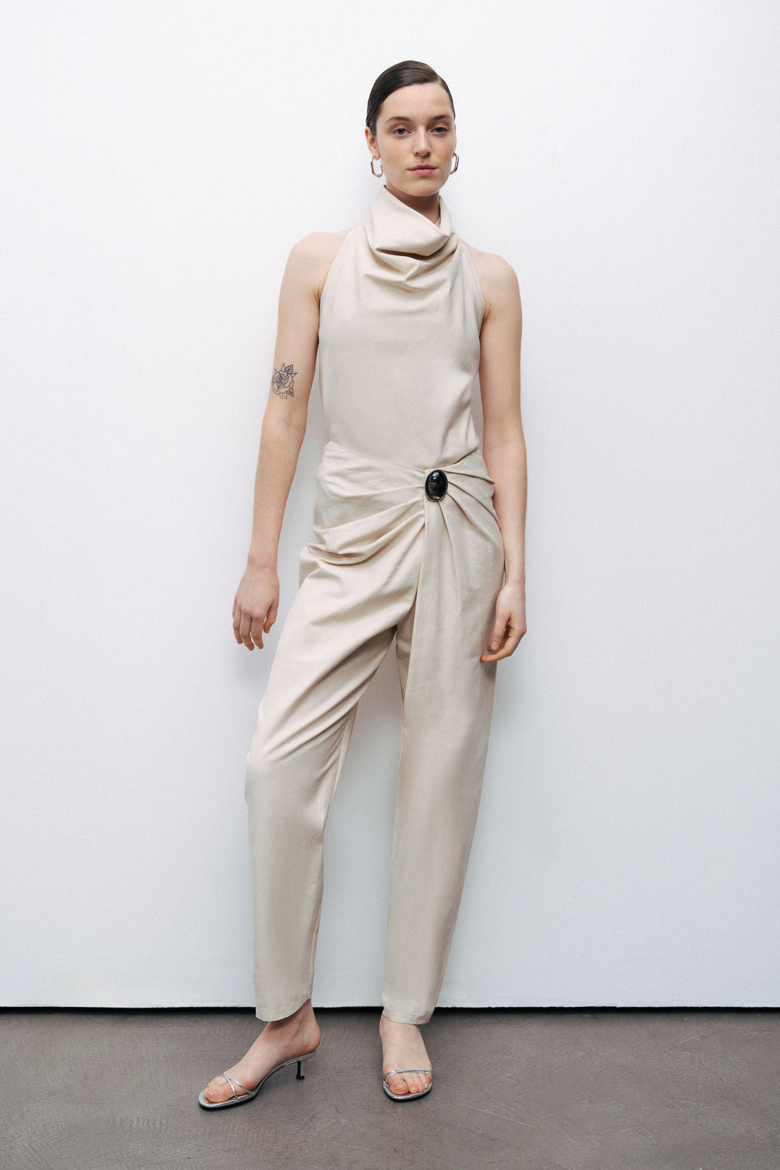 Beige Asymmetrical Draped Detail Bootcut Pants