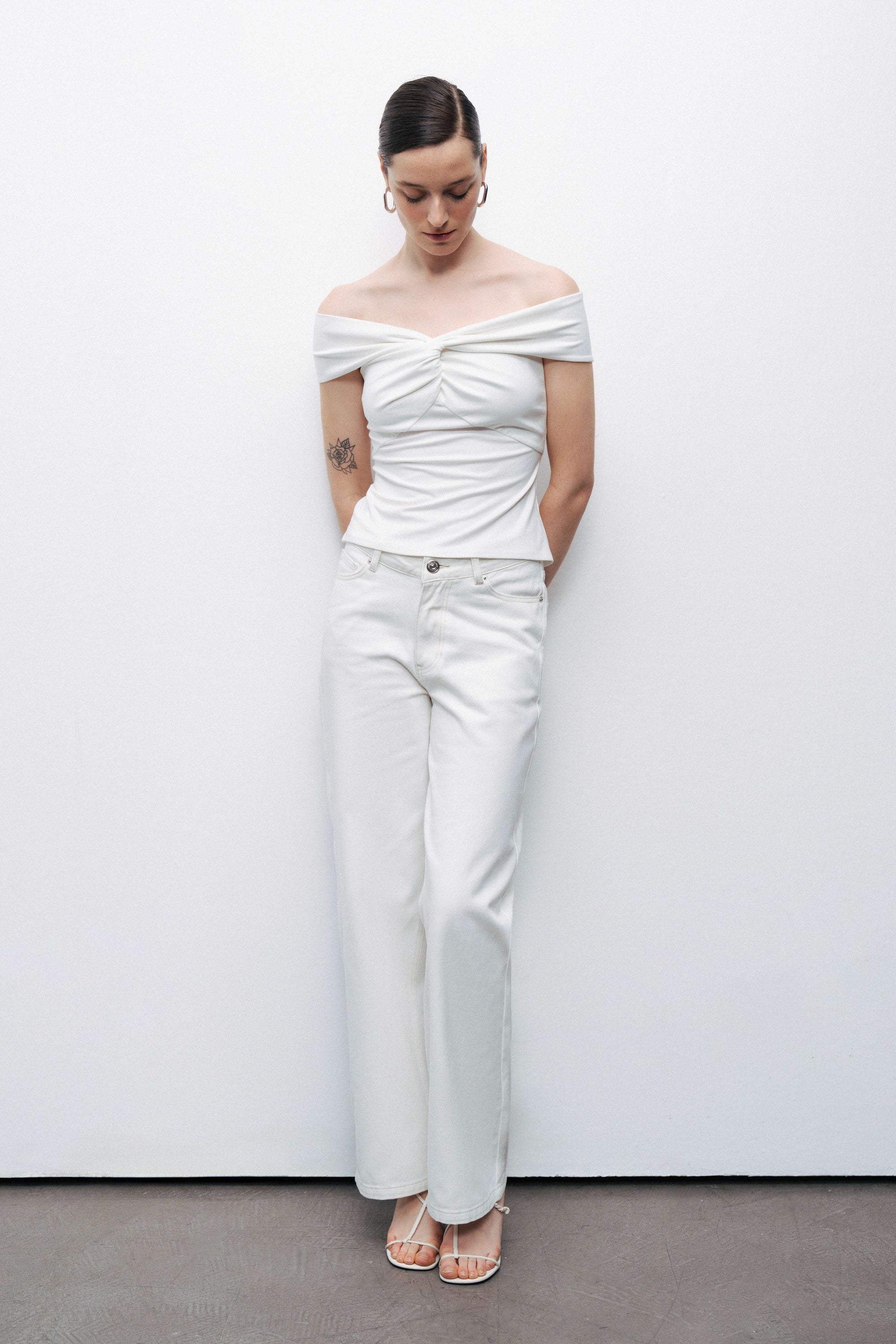 Ecru Twist Detail Open Shoulder Blouse